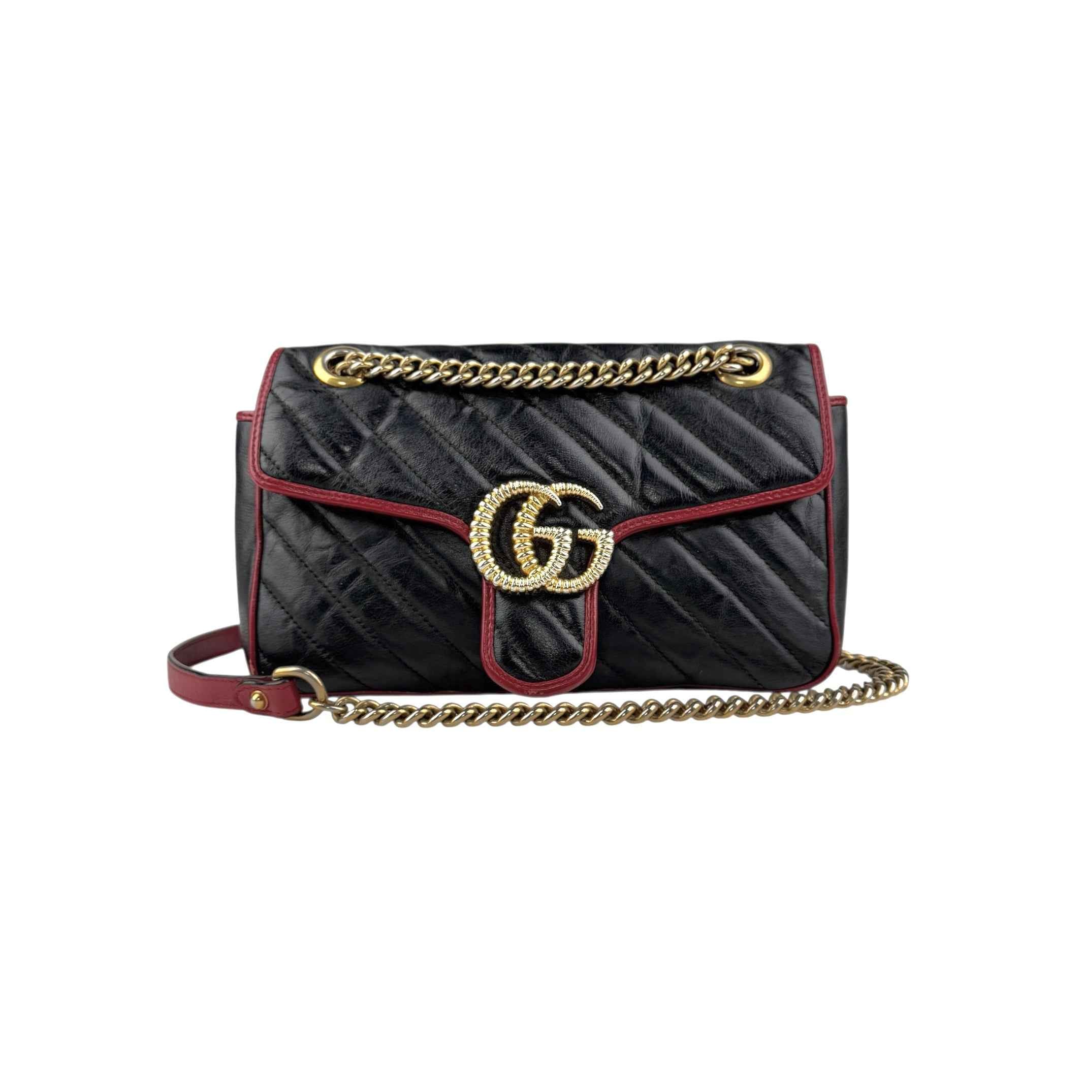 Gucci Black/RedQuilted Leather Marmont Torchon Flap Bag
