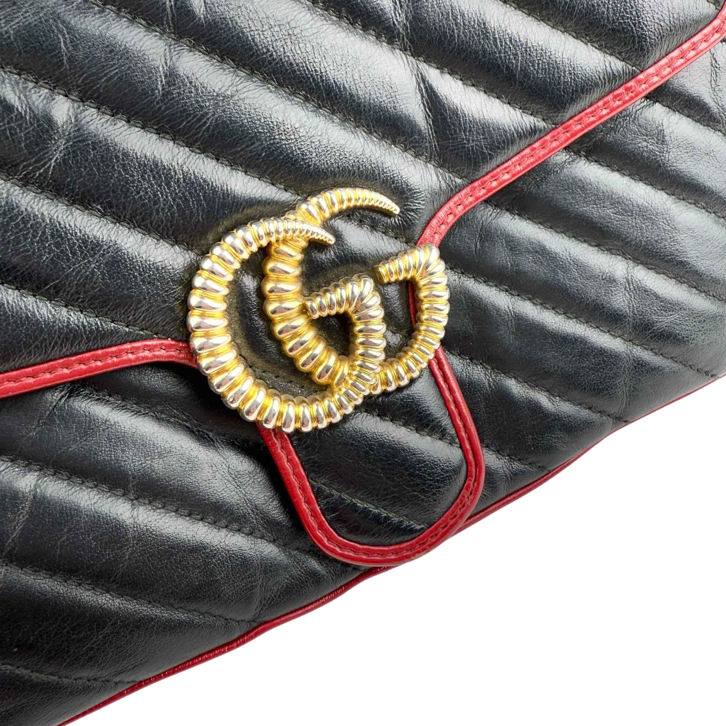 Gucci Black/RedQuilted Leather Marmont Torchon Flap Bag