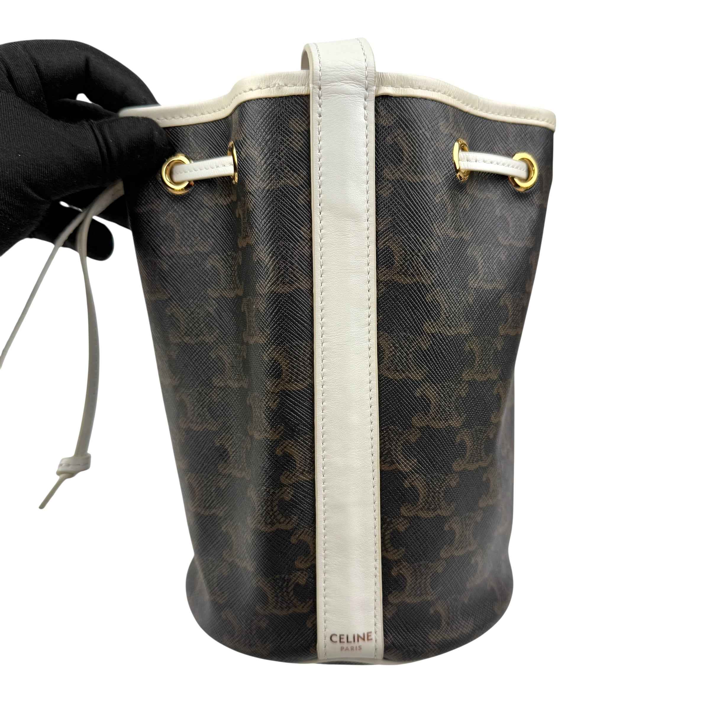 Celine Drawstring Bag Triomphe Canvas White Calfskin