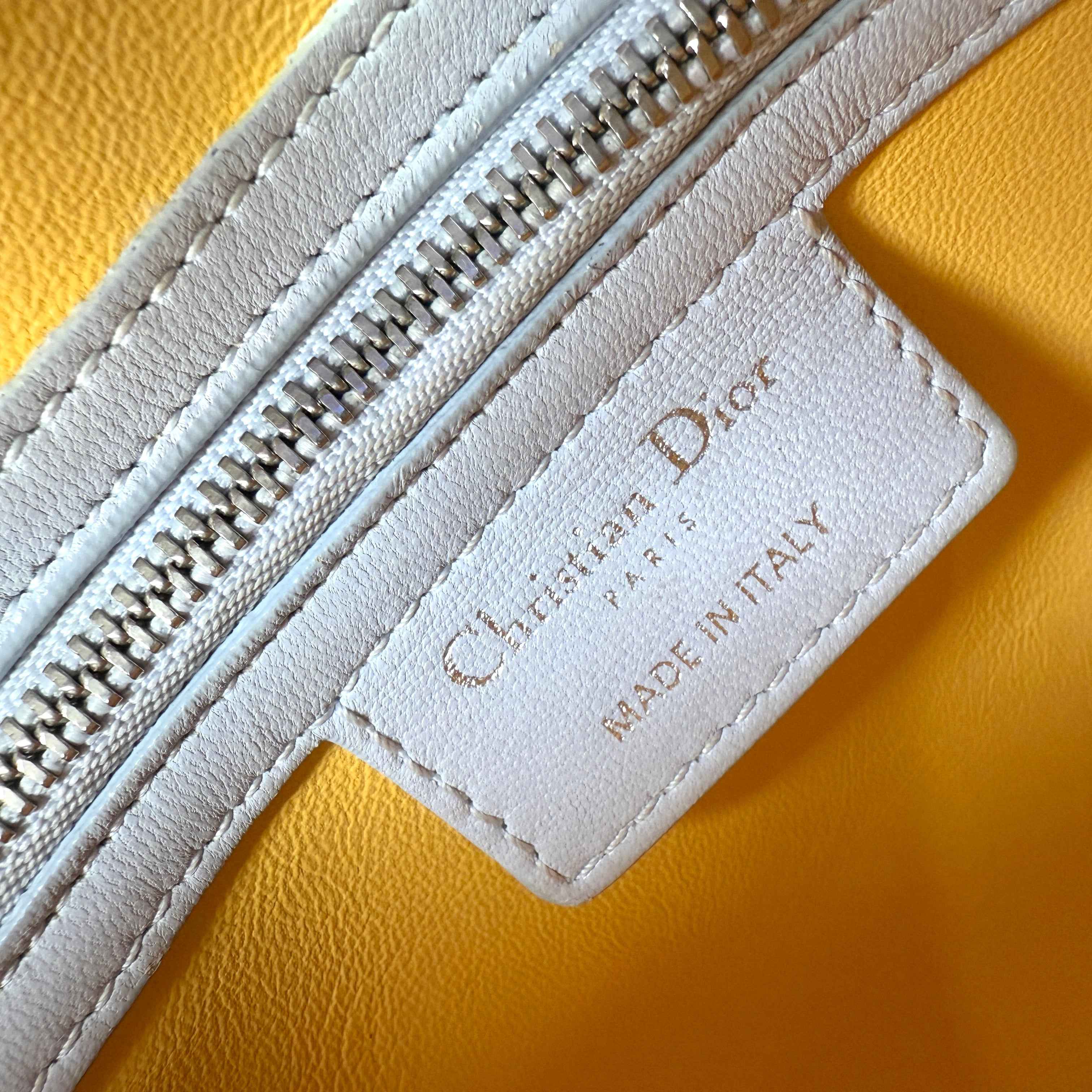 Dior Lady Dior model handbag in Bleu Pale, yellow and grey leather cannage