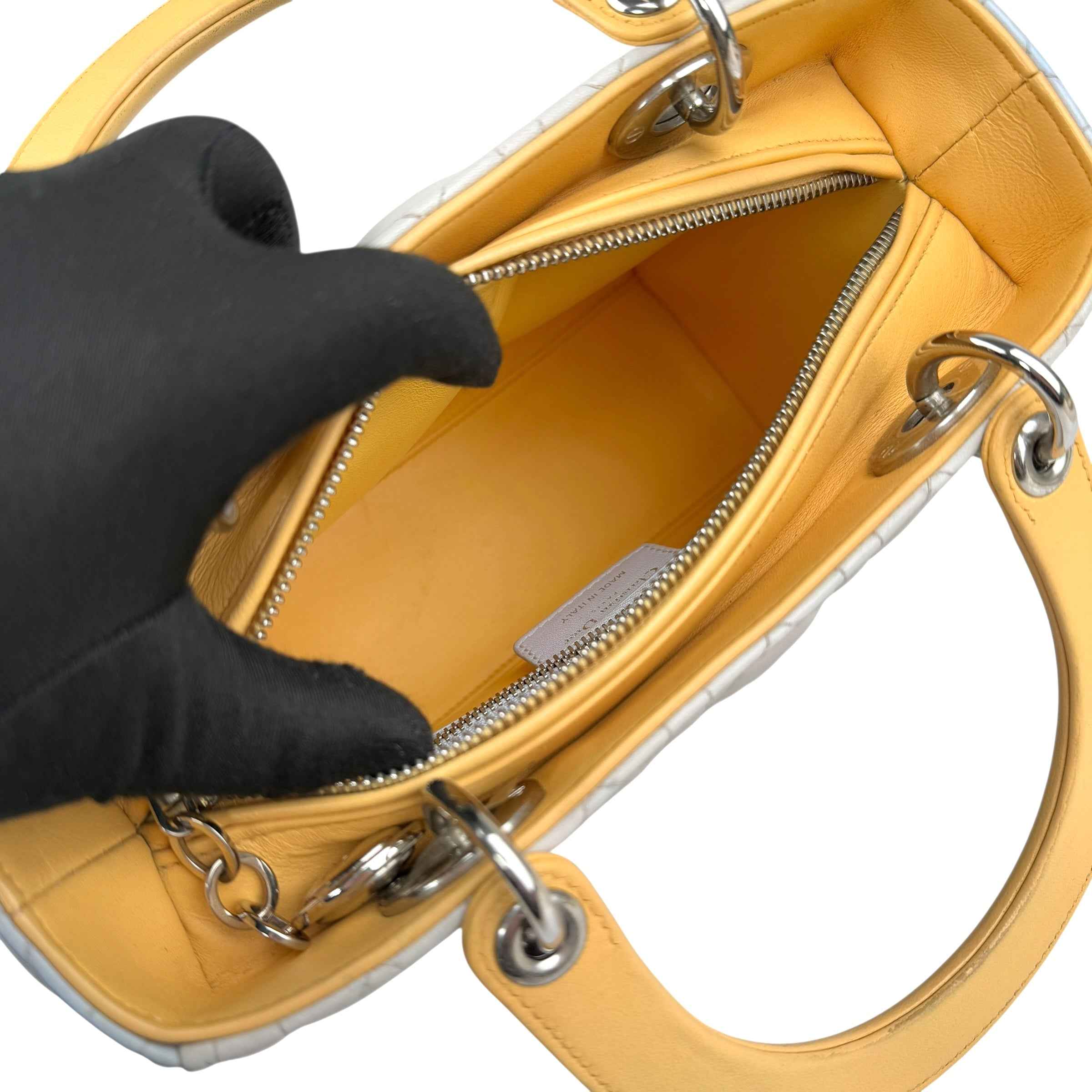 Dior Lady Dior model handbag in Bleu Pale, yellow and grey leather cannage