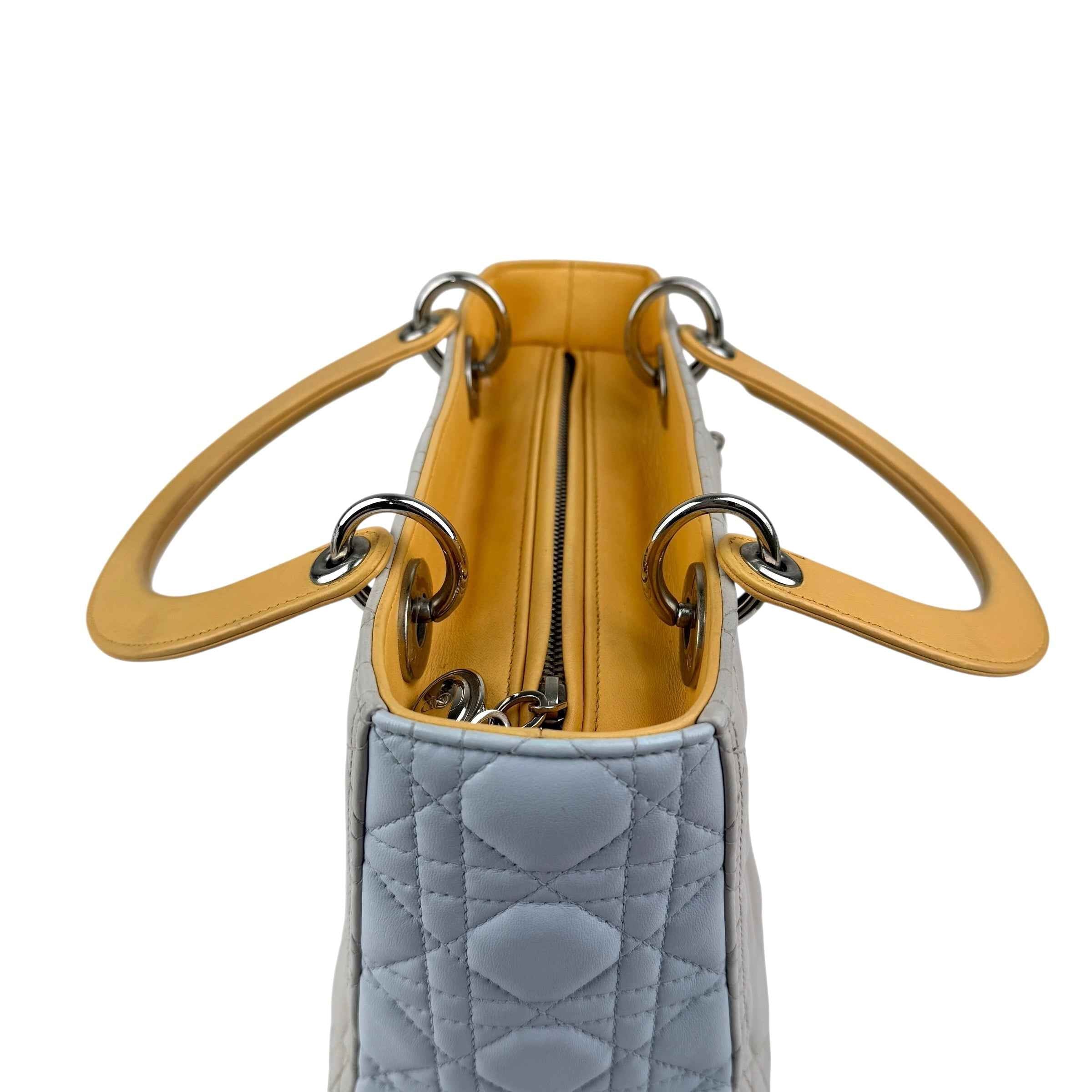 Dior Lady Dior model handbag in Bleu Pale, yellow and grey leather cannage