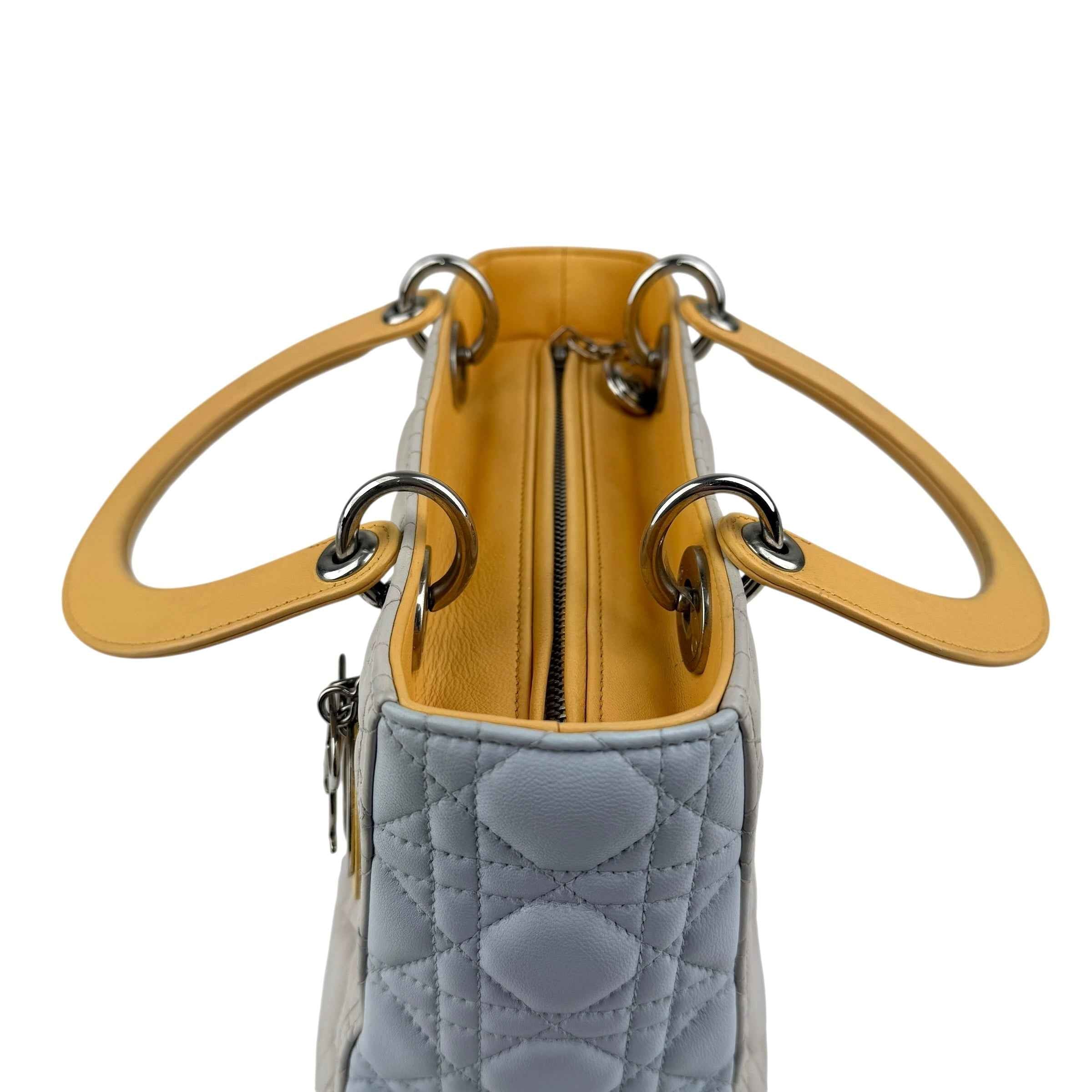 Dior Lady Dior model handbag in Bleu Pale, yellow and grey leather cannage