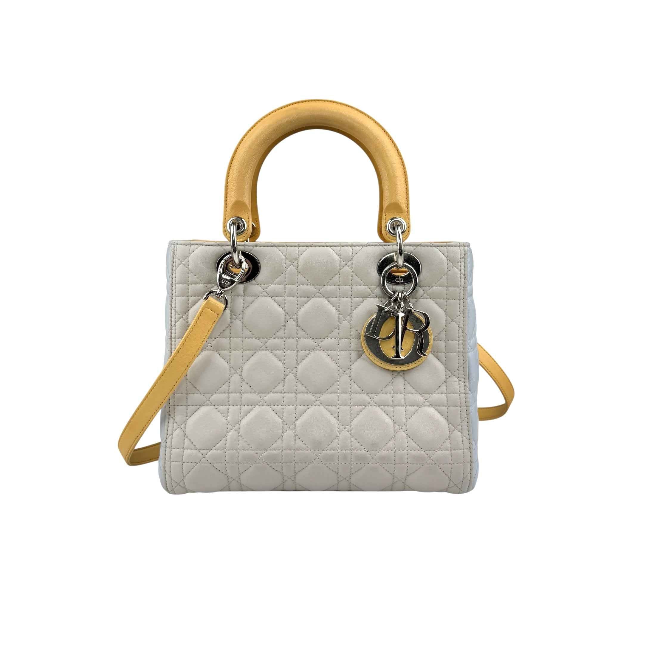 Dior Lady Dior model handbag in Bleu Pale, yellow and grey leather cannage