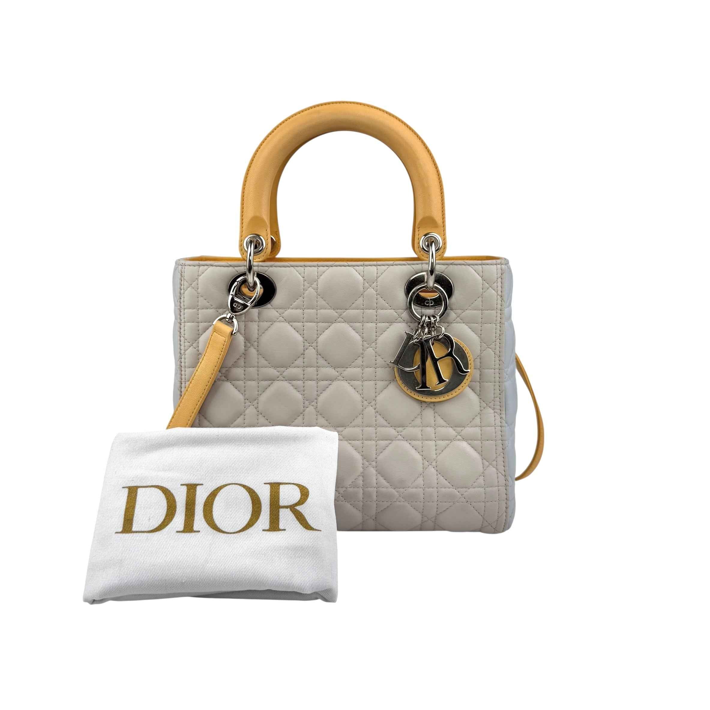 Dior Lady Dior model handbag in Bleu Pale, yellow and grey leather cannage