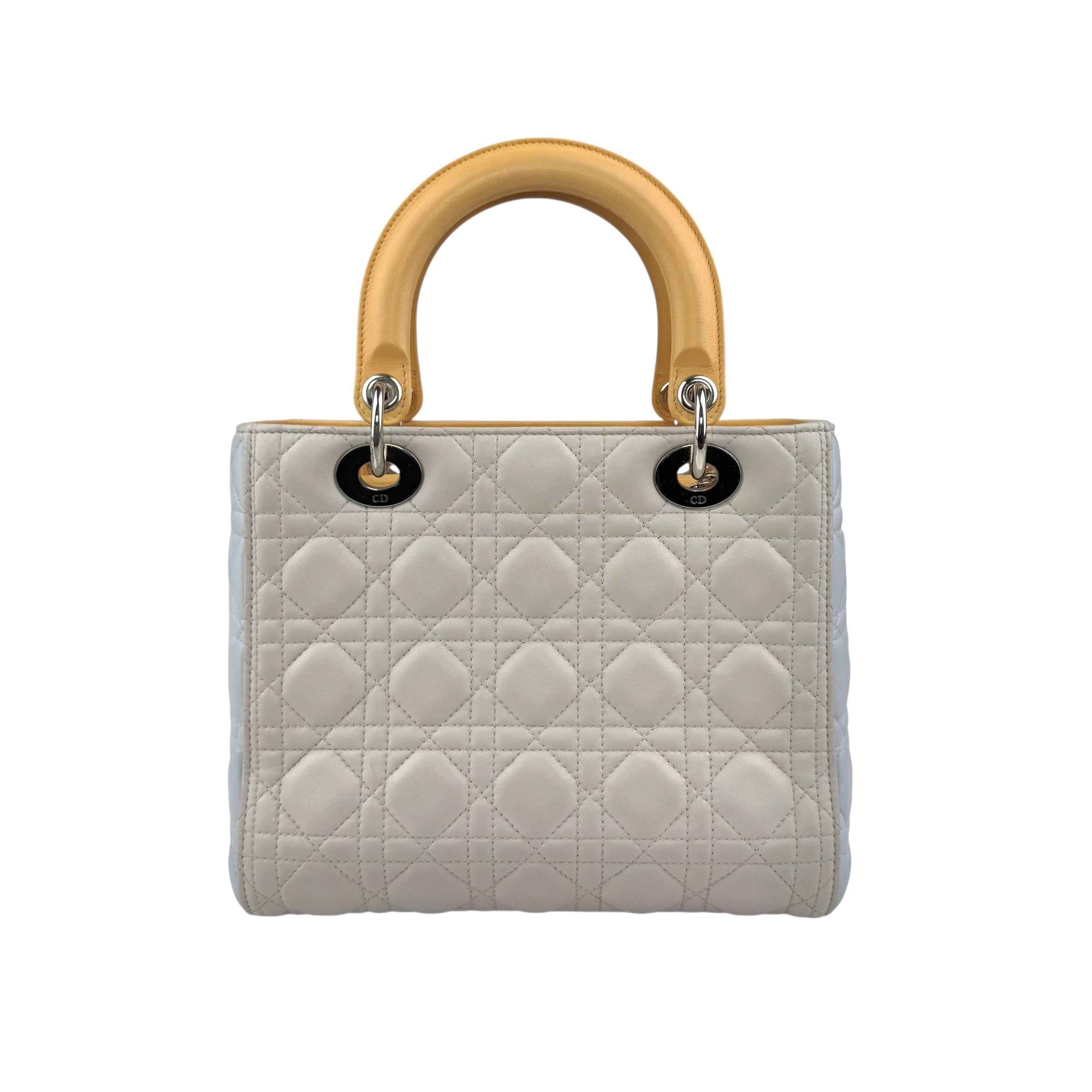 Dior Lady Dior model handbag in Bleu Pale, yellow and grey leather cannage