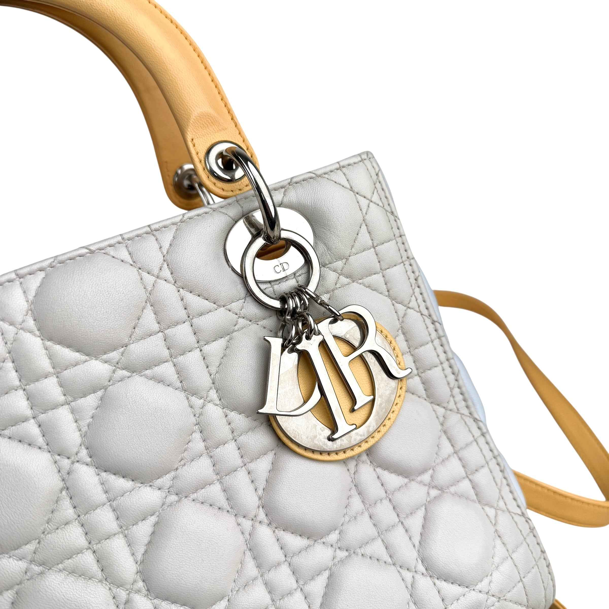 Dior Lady Dior model handbag in Bleu Pale, yellow and grey leather cannage