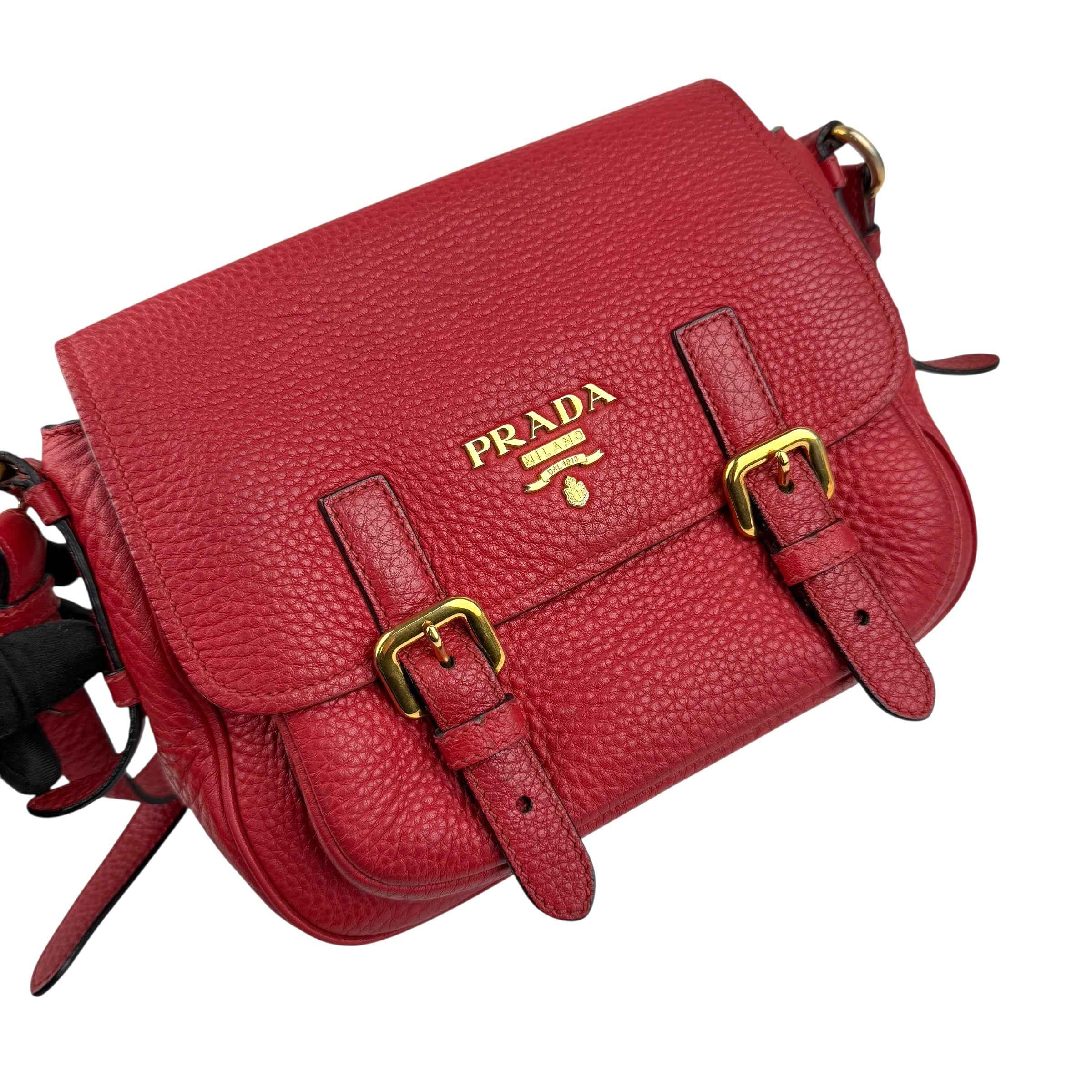 Prada Red Leather Buckle Flap Shoulder Bag