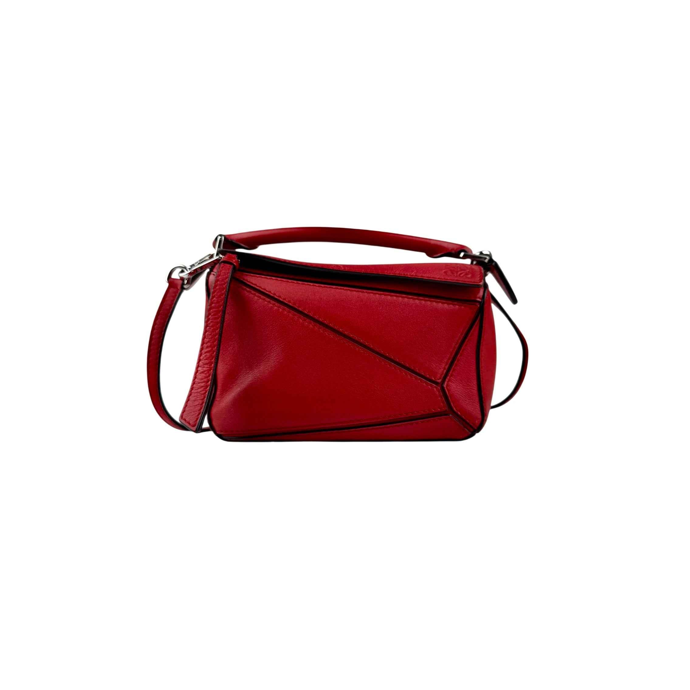 Loewe Red Pebbled Calfskin Leather Mini Puzzle Bag