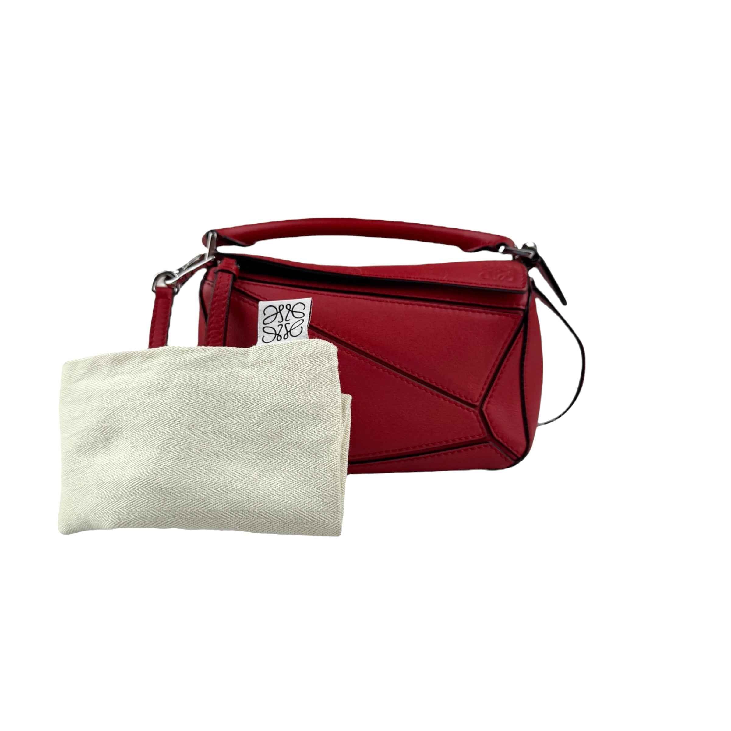 Loewe Red Pebbled Calfskin Leather Mini Puzzle Bag
