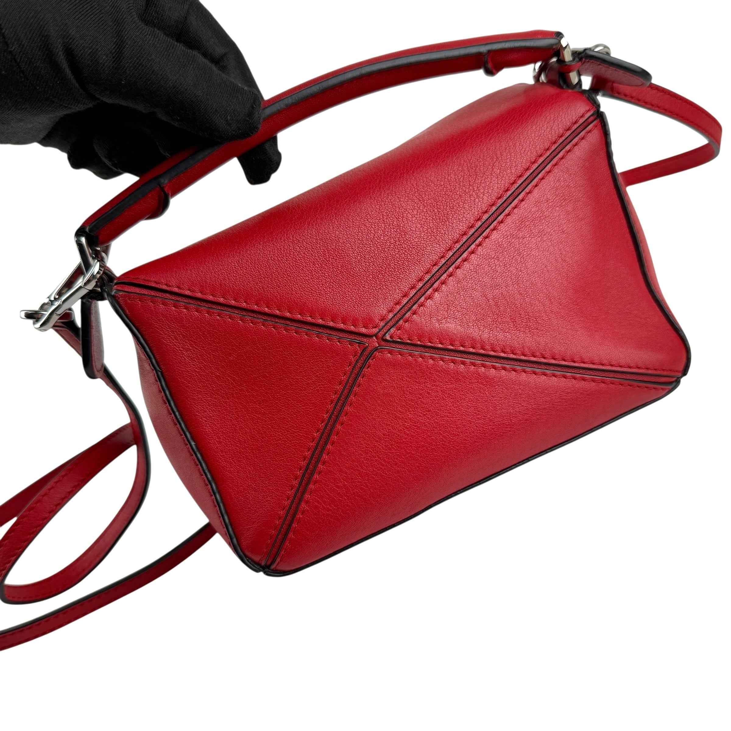 Loewe Red Pebbled Calfskin Leather Mini Puzzle Bag