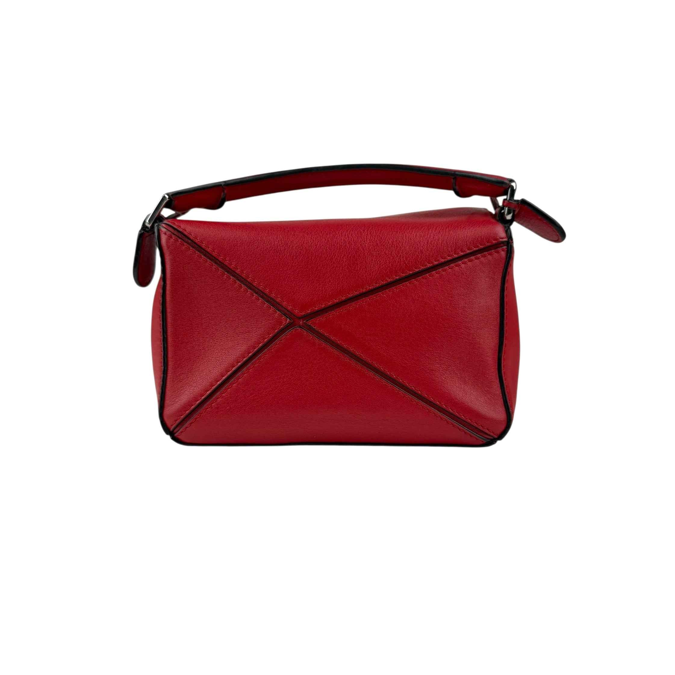 Loewe Red Pebbled Calfskin Leather Mini Puzzle Bag