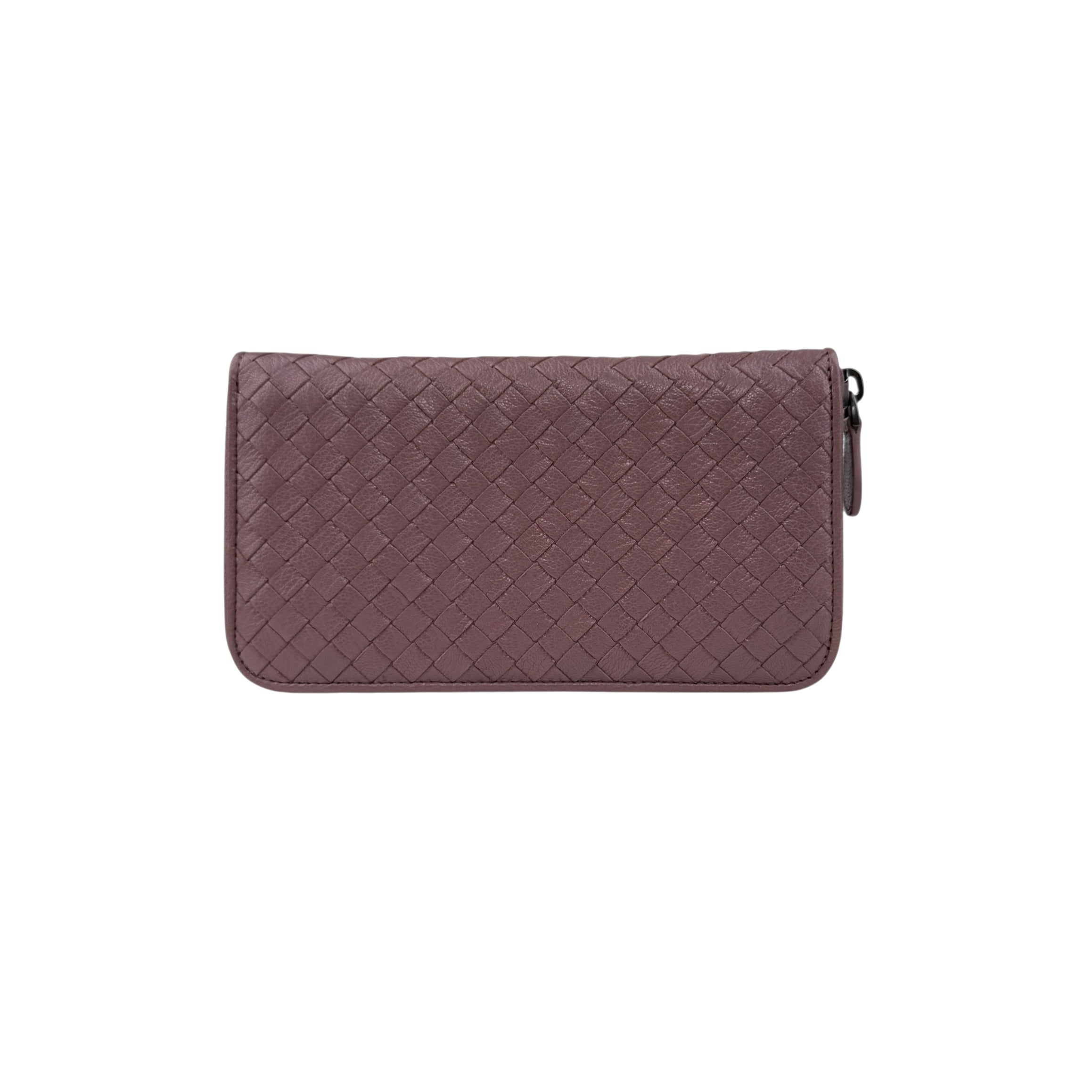 Pre-owned Bottega Veneta Deco Rose Intrecciato Woven Nappa Leather Zip Around Wallet wallet back view