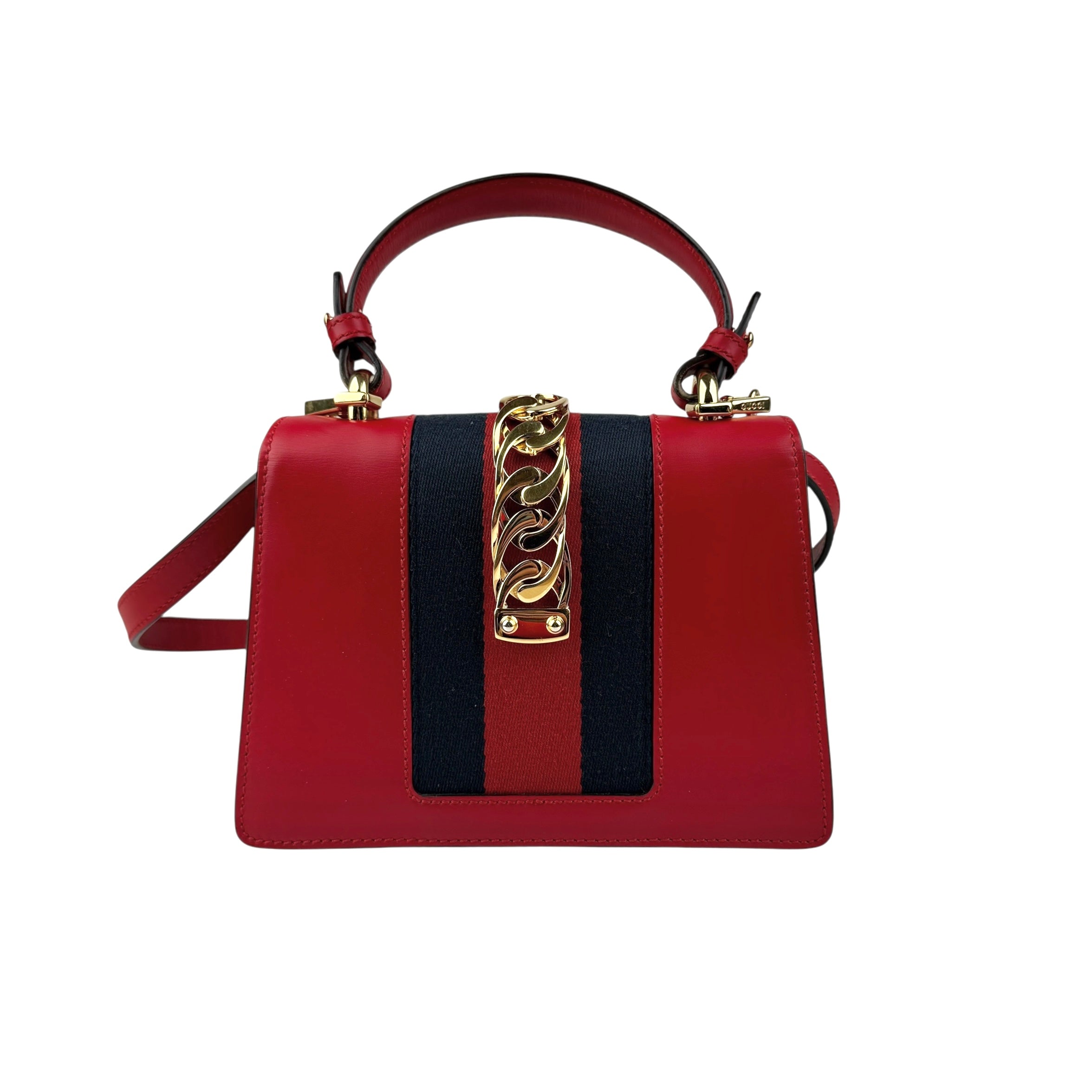 Pre-owned Gucci Red Leather Mini Web Sylvie Top Handle bag back view