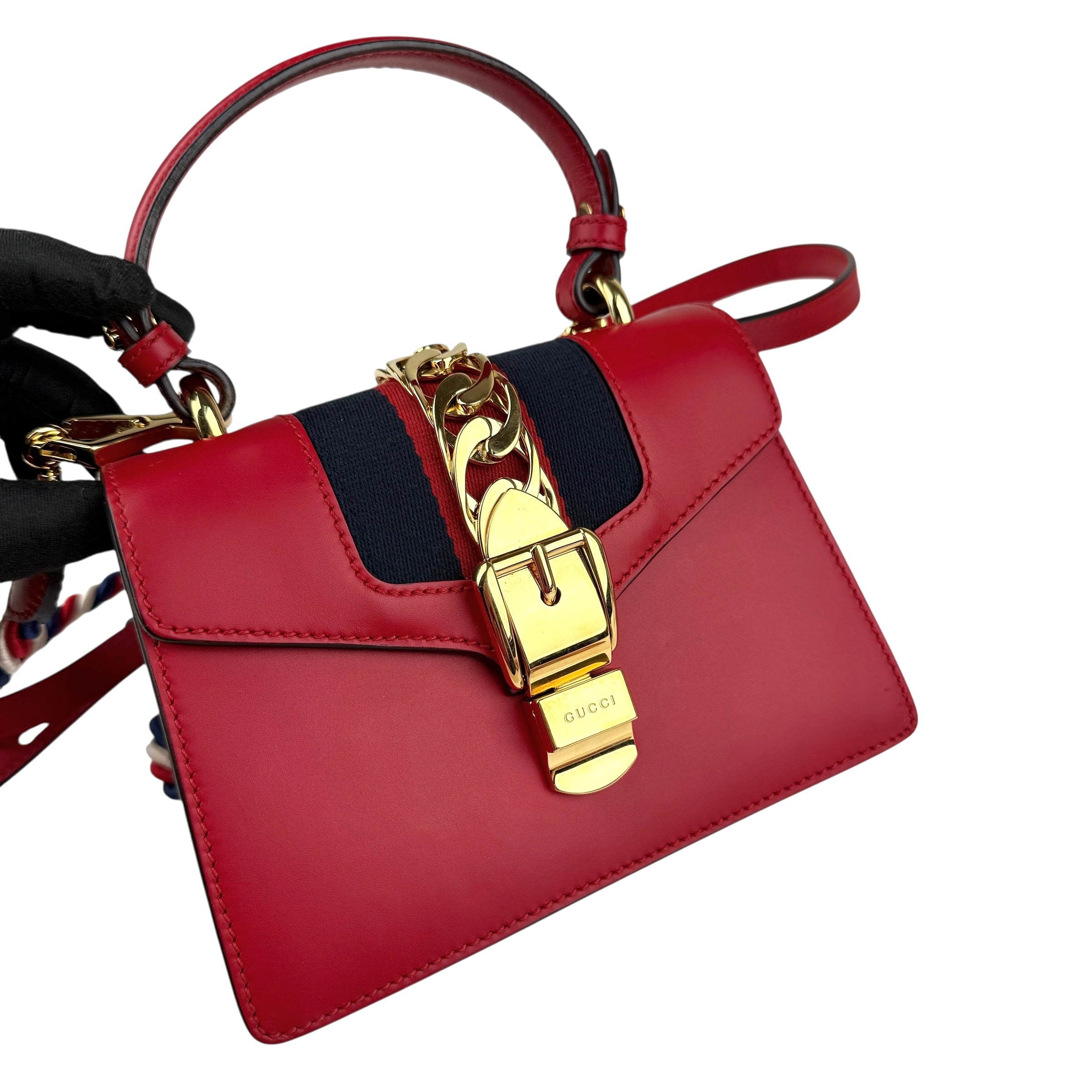Pre-owned Gucci Red Leather Mini Web Sylvie Top Handle bag