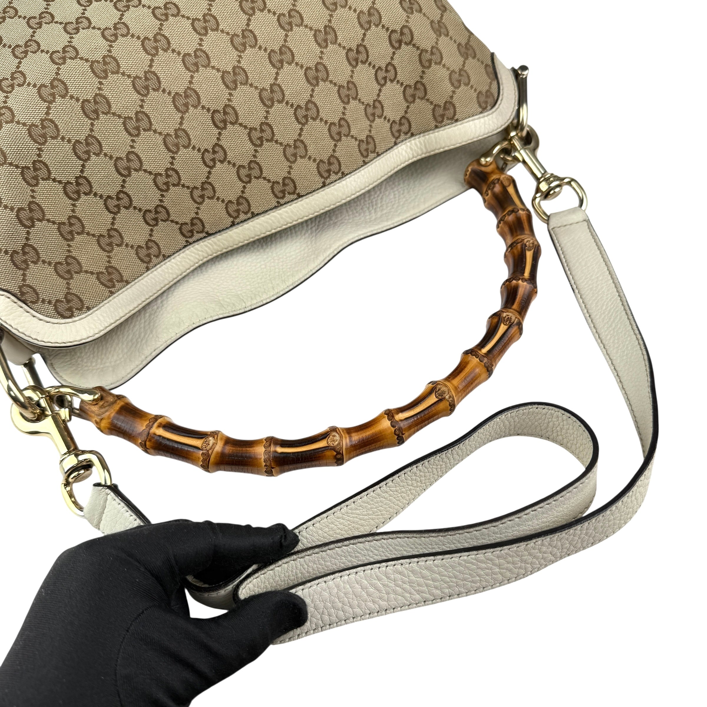 Pre-owned Gucci Beige/White GG Canvas Diana Bamboo Shoulder Bag