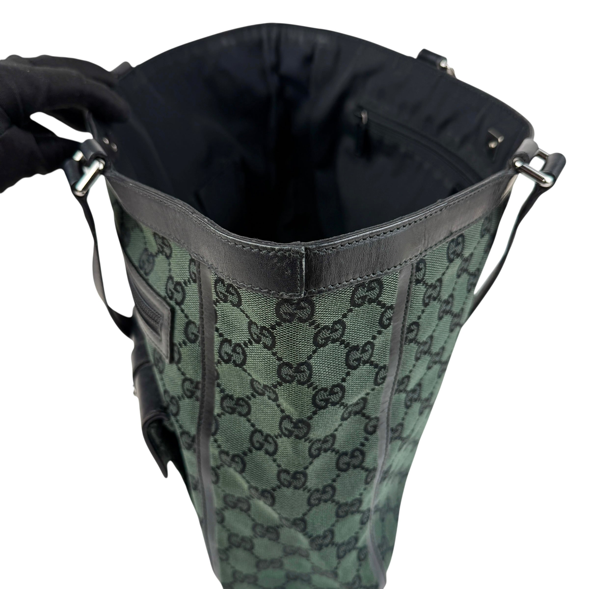 Pre-owned Gucci Green/Black GG Canvas and Leather Abbey Pocket Tote