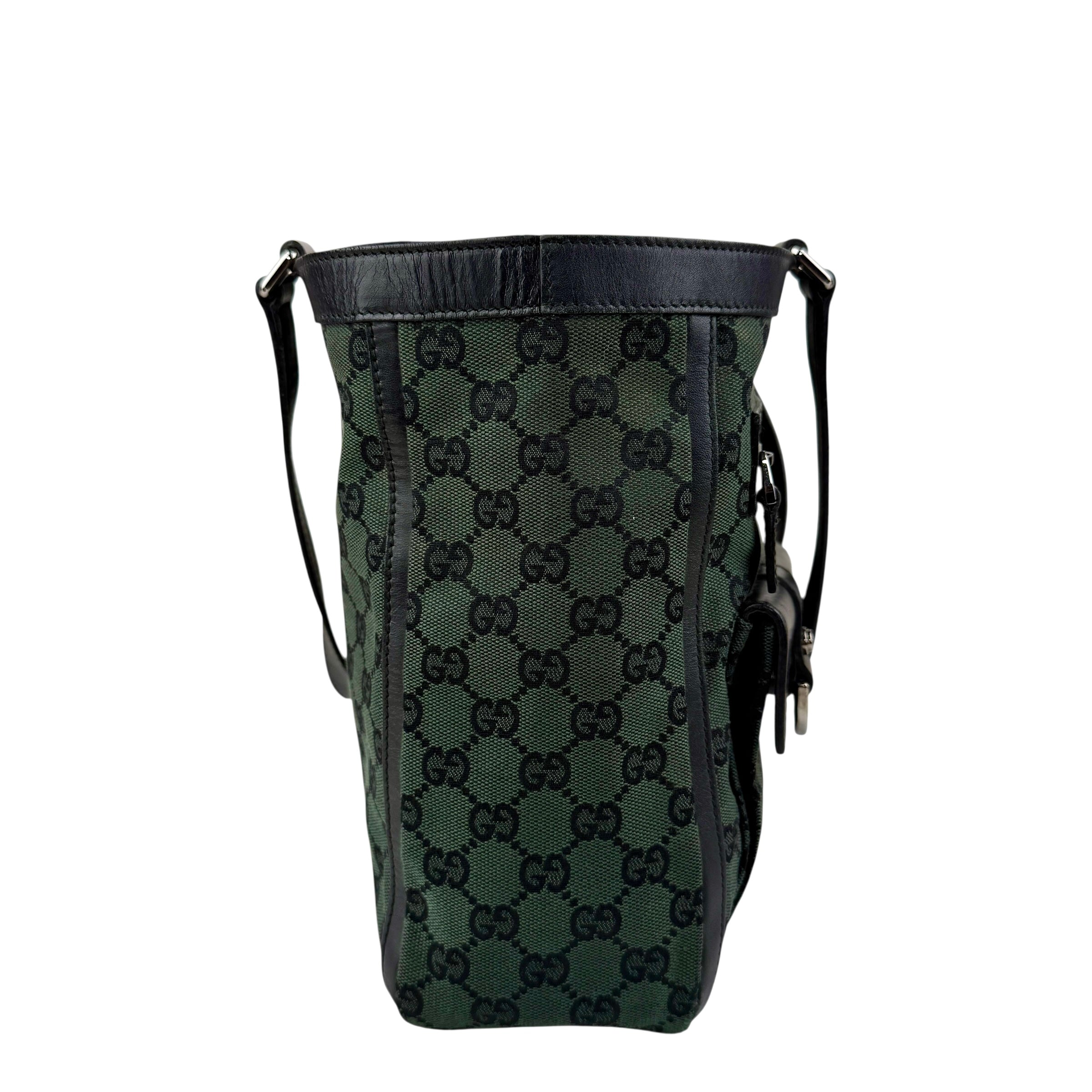 Pre-owned Gucci Green/Black GG Canvas and Leather Abbey Pocket Tote