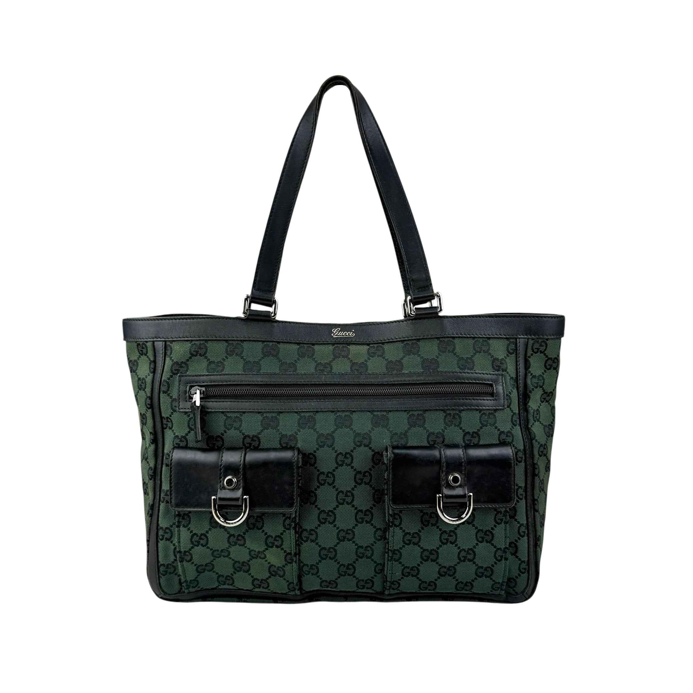 Gucci Green/Black GG Canvas and Leather Abbey Pocket Tote