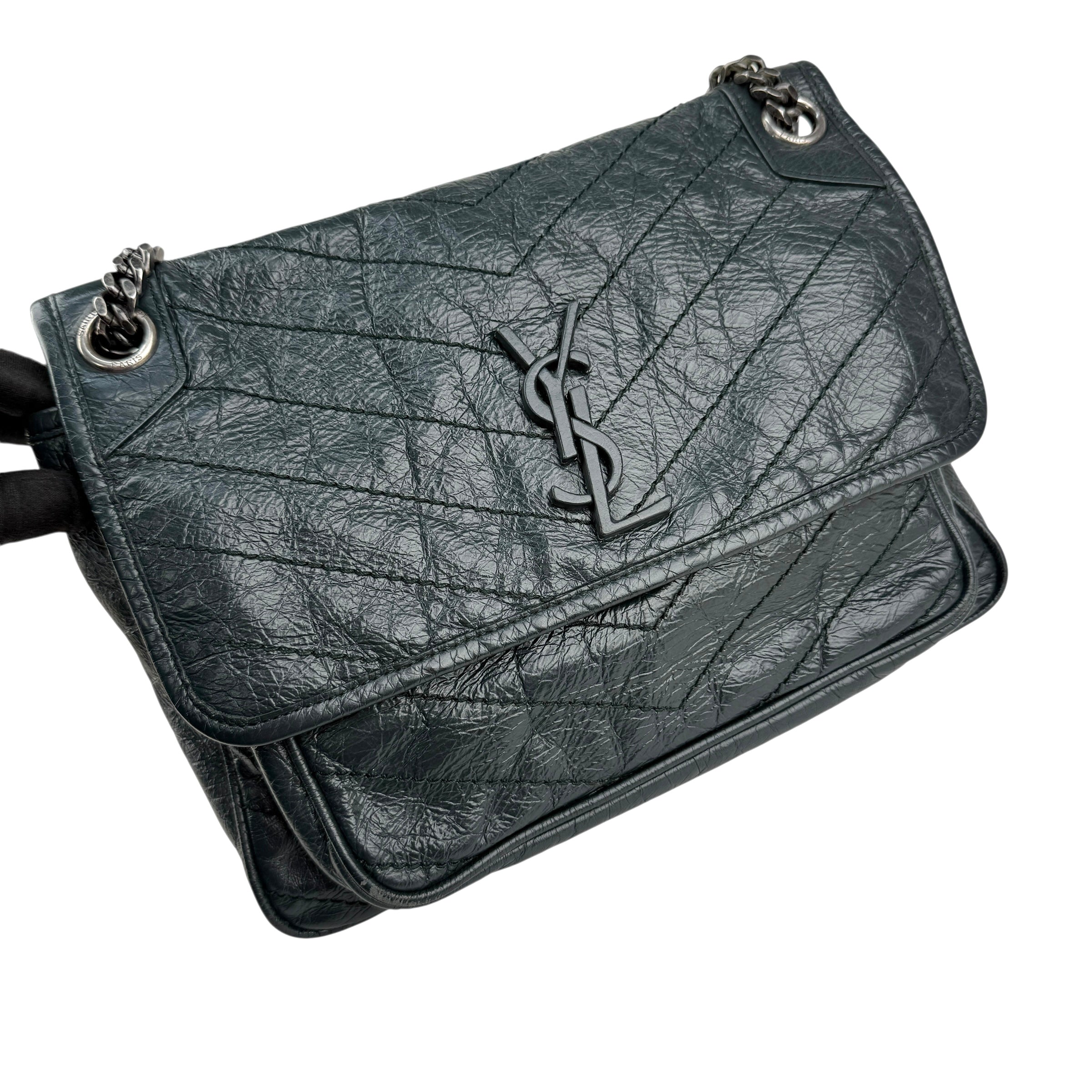 Pre-owned Saint Laurent Green Crinkled Calfskin Leather Medium Niki bag