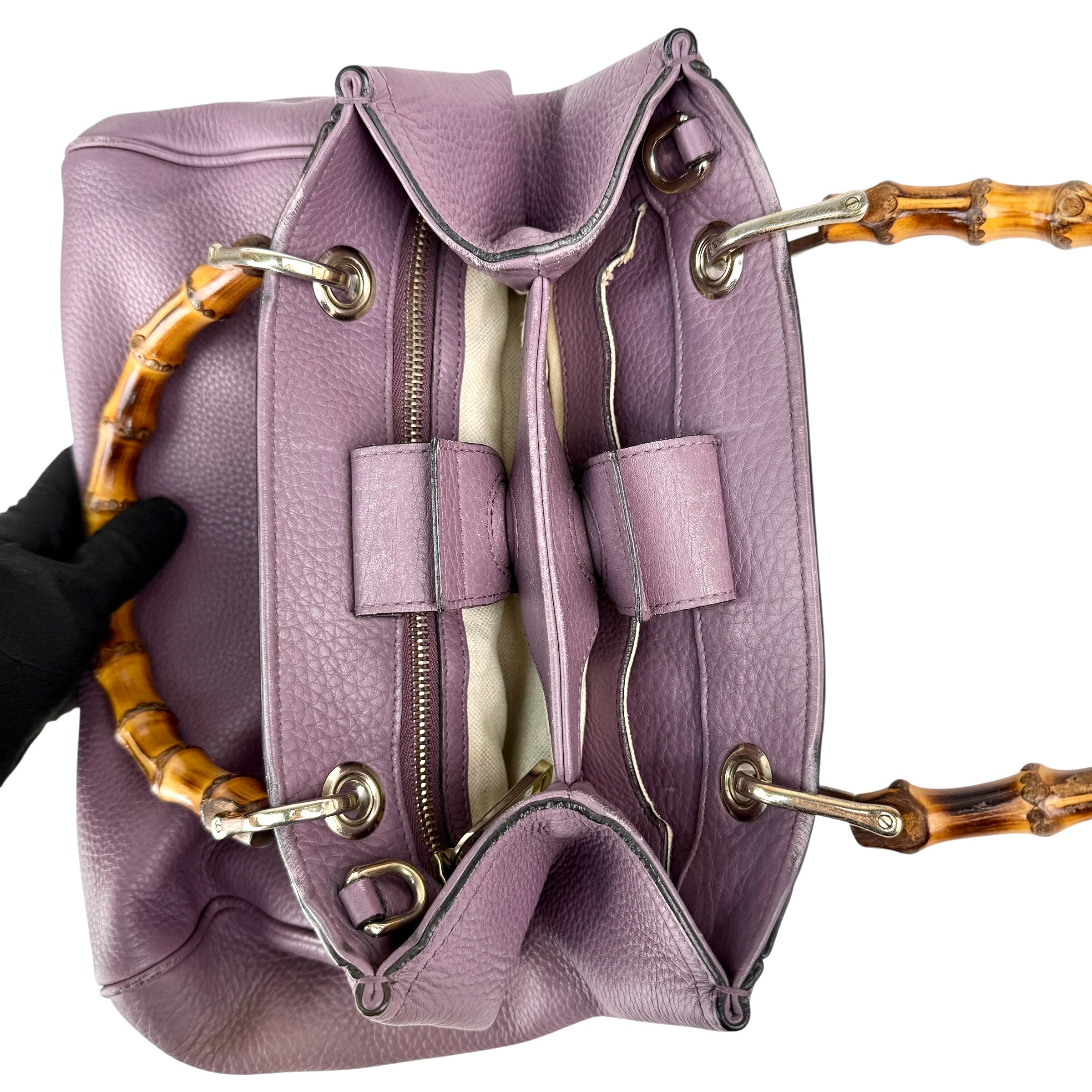 Pre-owned Gucci Purple Pebbled Leather Bamboo Top Handle Mini Shopper Tote Bag tote bag