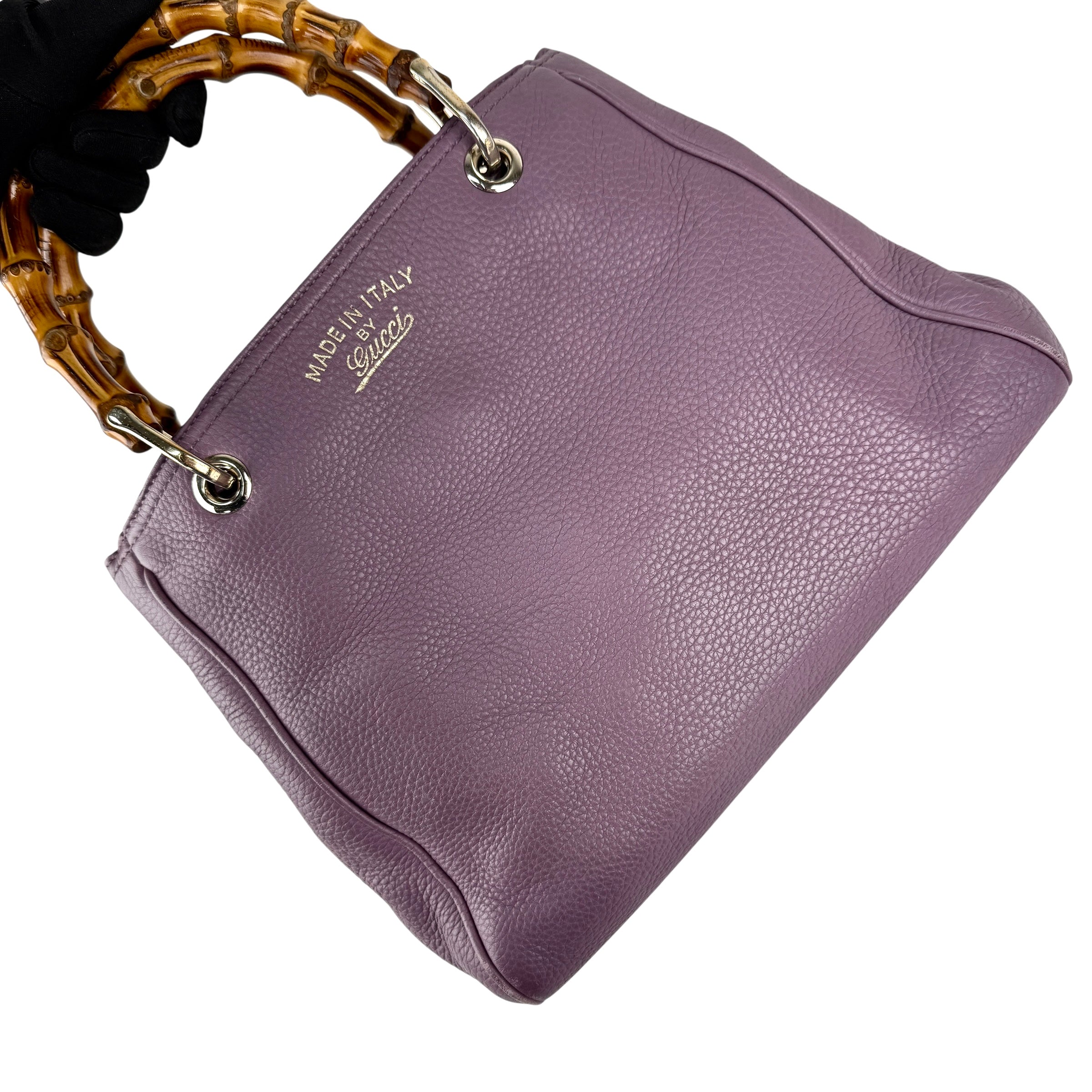 Pre-owned Gucci Purple Pebbled Leather Bamboo Top Handle Mini Shopper Tote Bag tote bag