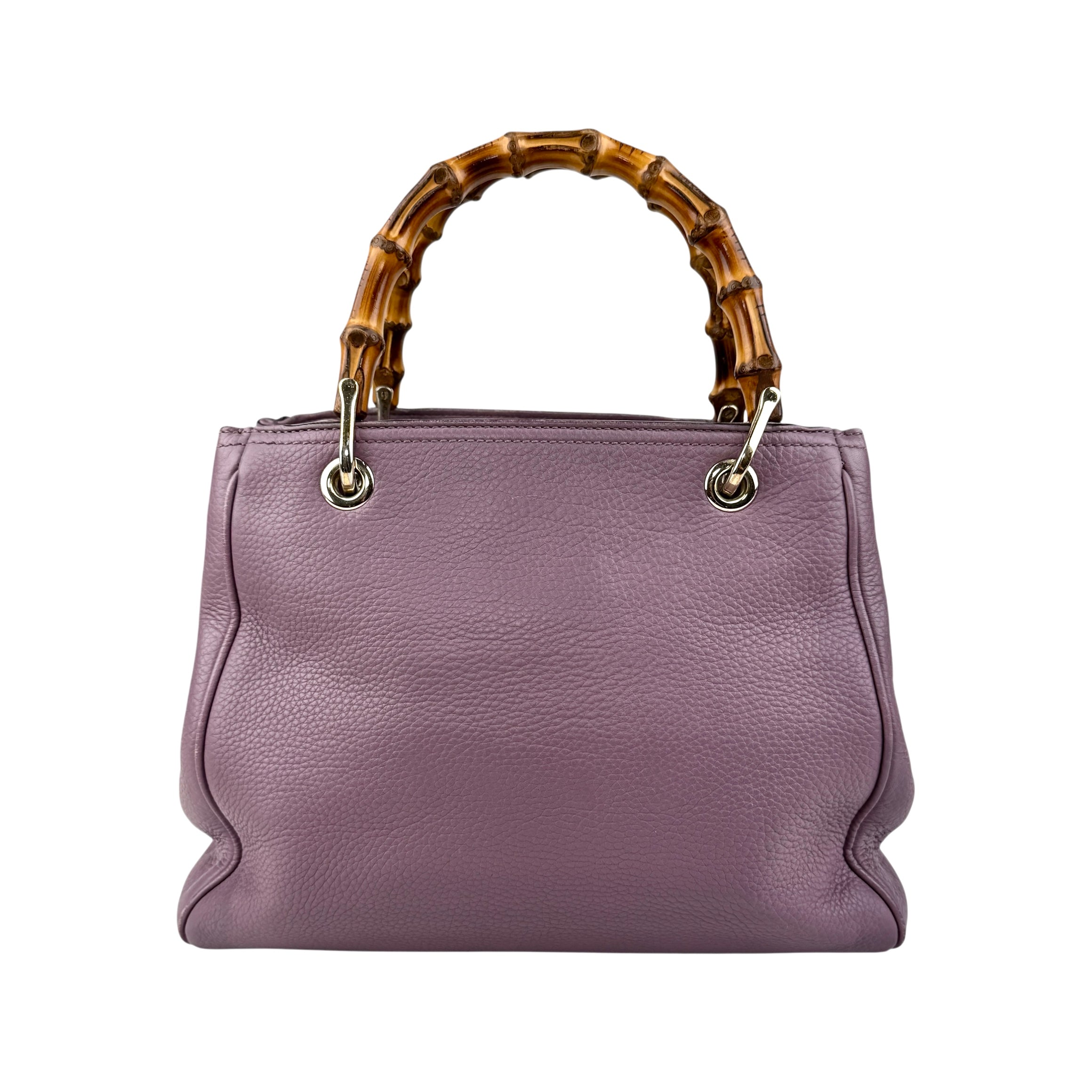 Pre-owned Gucci Purple Pebbled Leather Bamboo Top Handle Mini Shopper Tote Bag tote bag back view