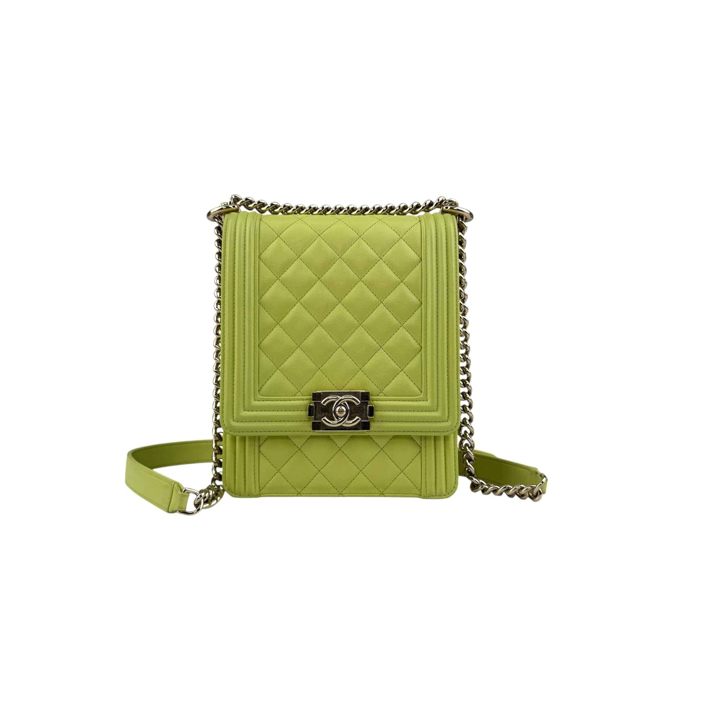 Chanel Calfskin Quilted North South Boy Flap Light Green