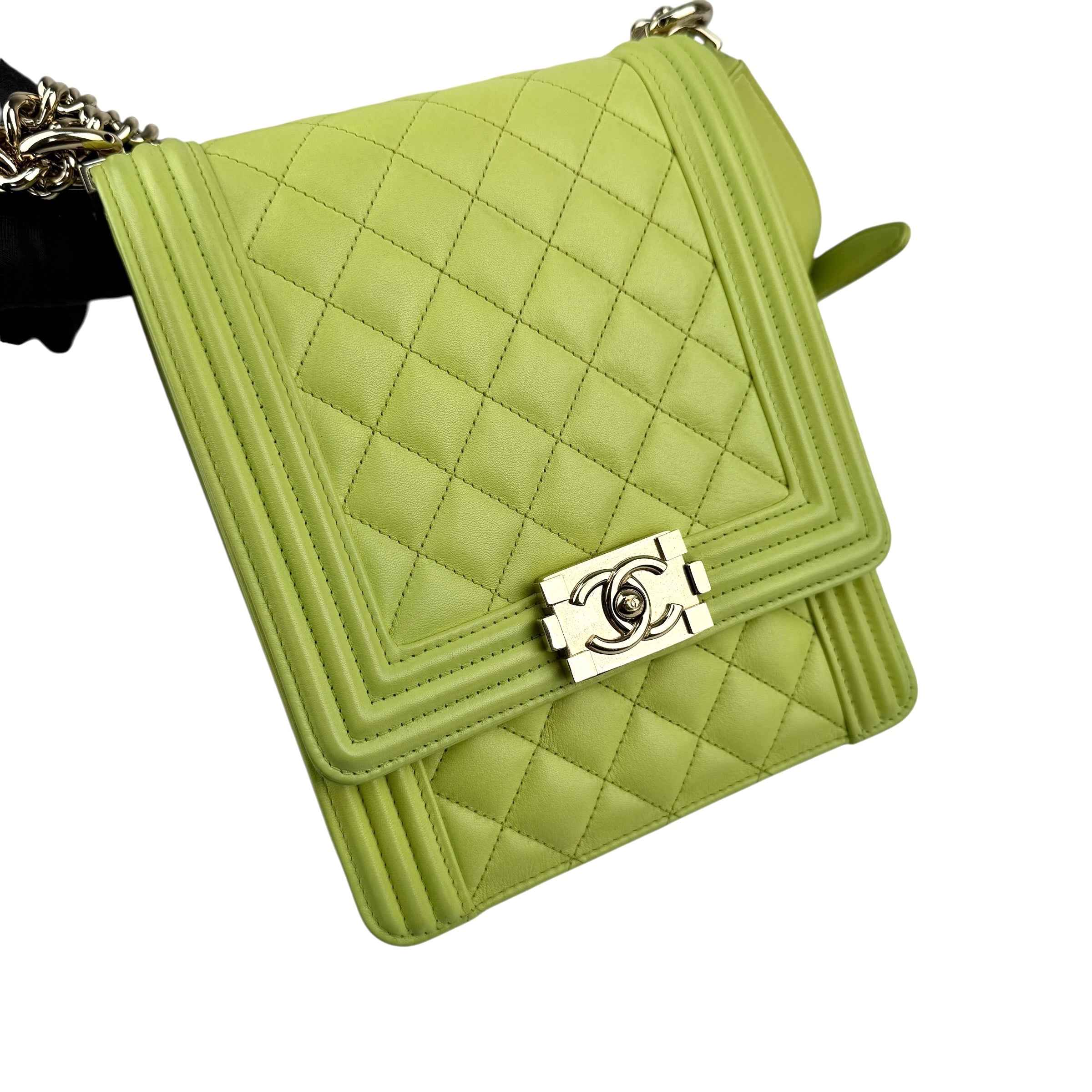 Chanel Calfskin Quilted North South Boy Flap Light Green