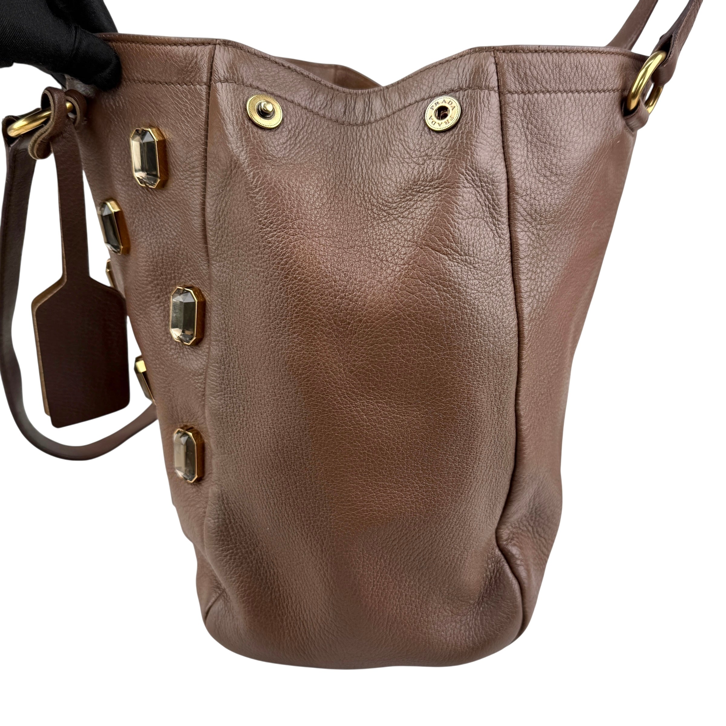 Pre-owned Prada Cammella Sfumato Cervo Leather Jeweled Shopping Tote tote bag