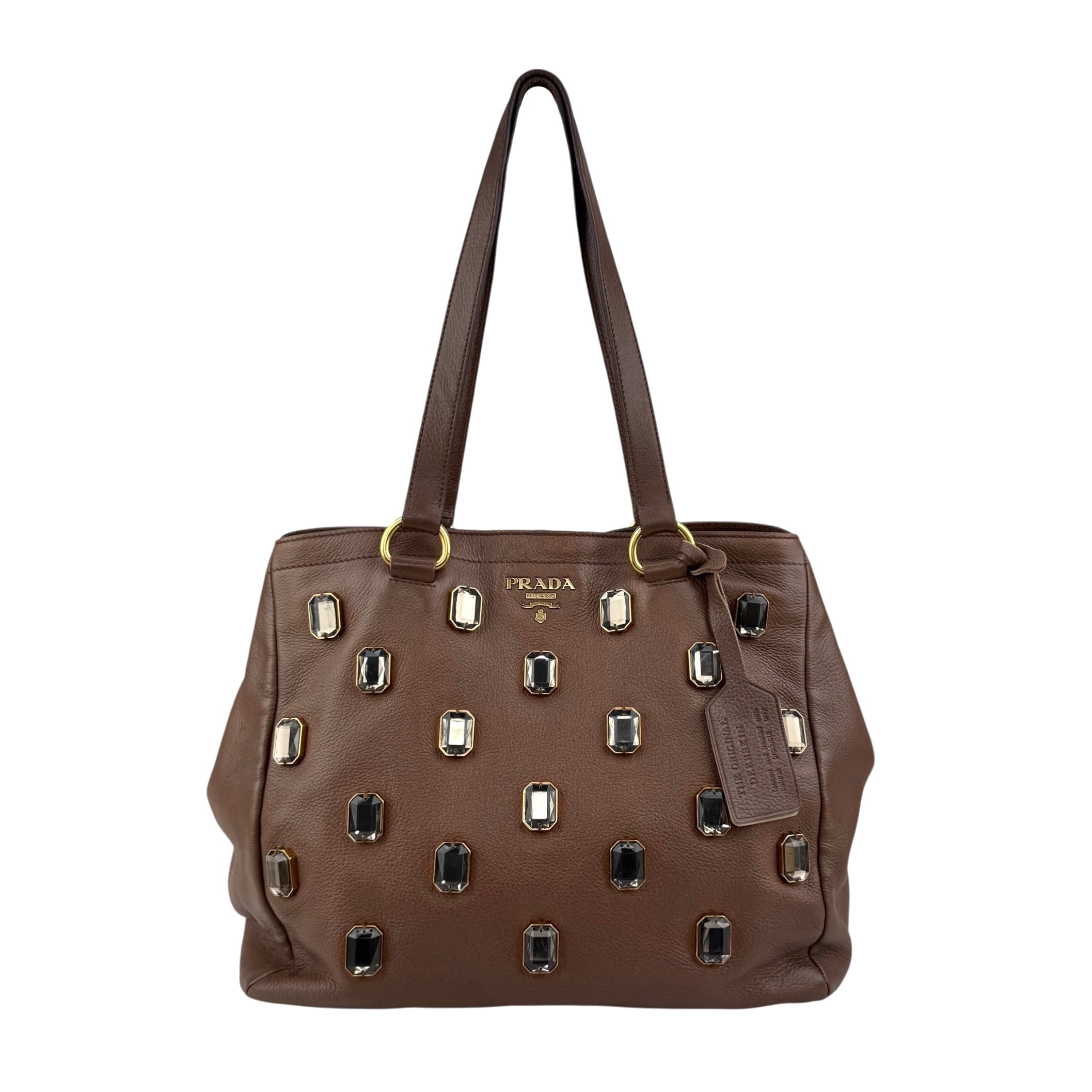 Pre-owned Prada Cammella Sfumato Cervo Leather Jeweled Shopping Tote tote bag main image