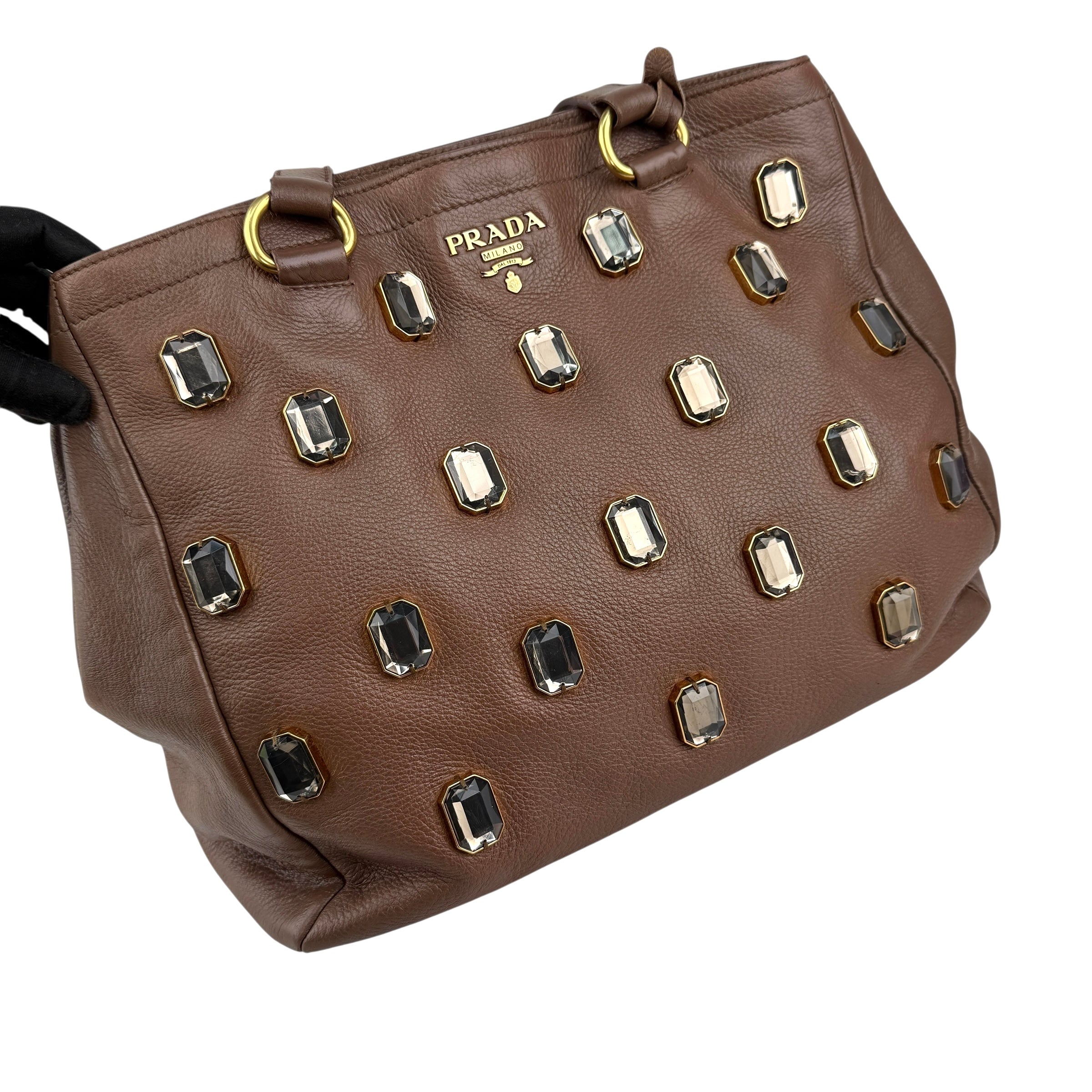 Pre-owned Prada Cammella Sfumato Cervo Leather Jeweled Shopping Tote tote bag