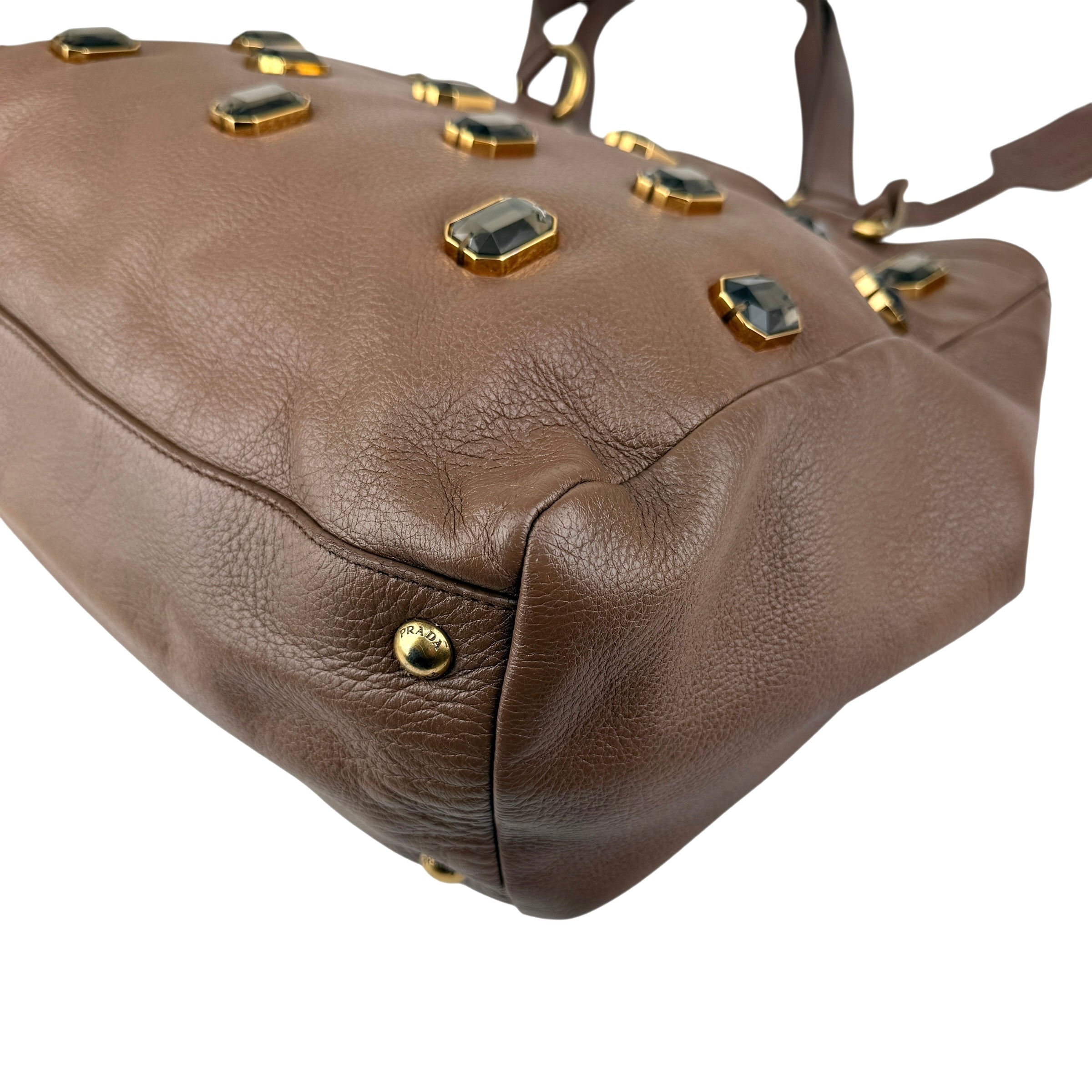 Pre-owned Prada Cammella Sfumato Cervo Leather Jeweled Shopping Tote tote bag
