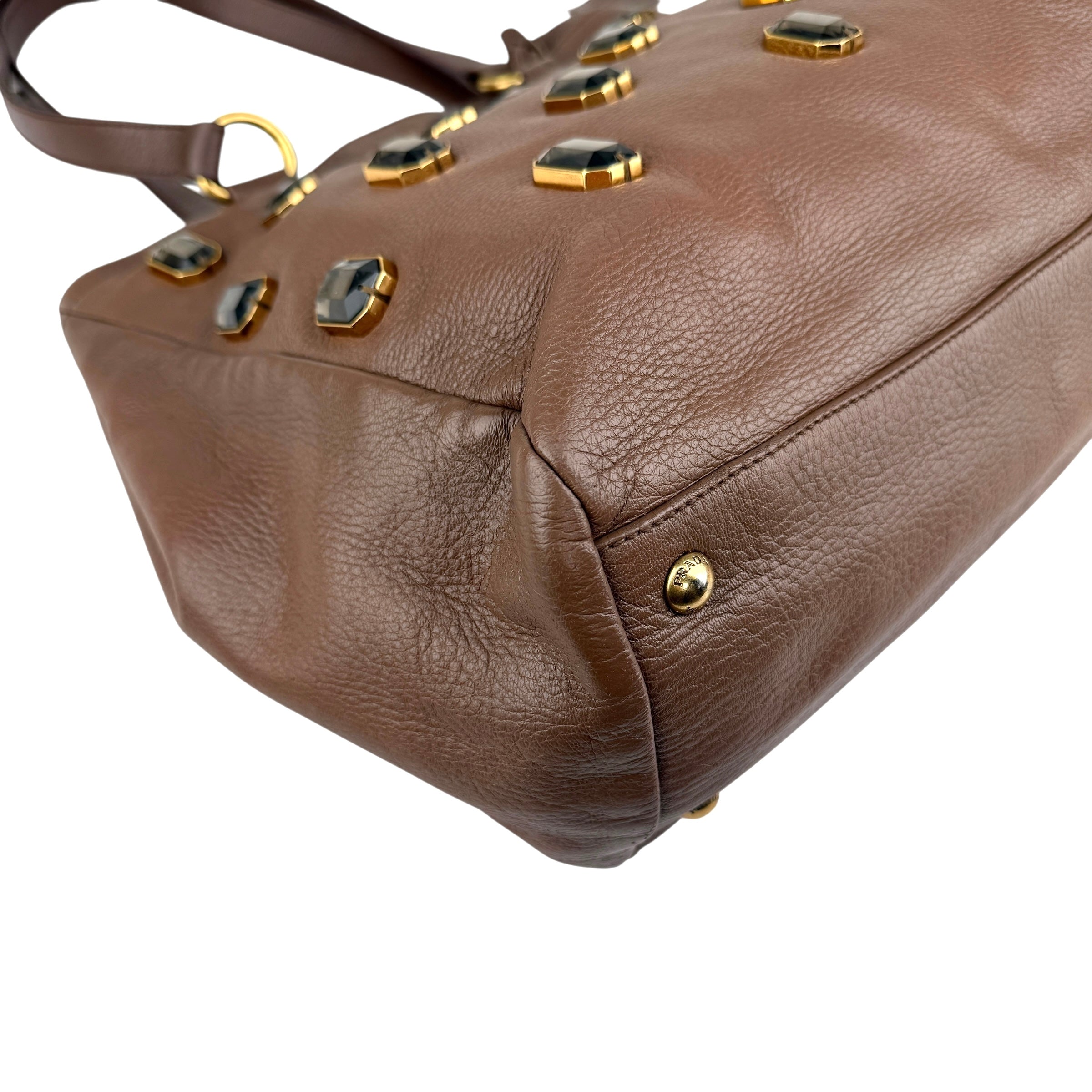 Pre-owned Prada Cammella Sfumato Cervo Leather Jeweled Shopping Tote tote bag