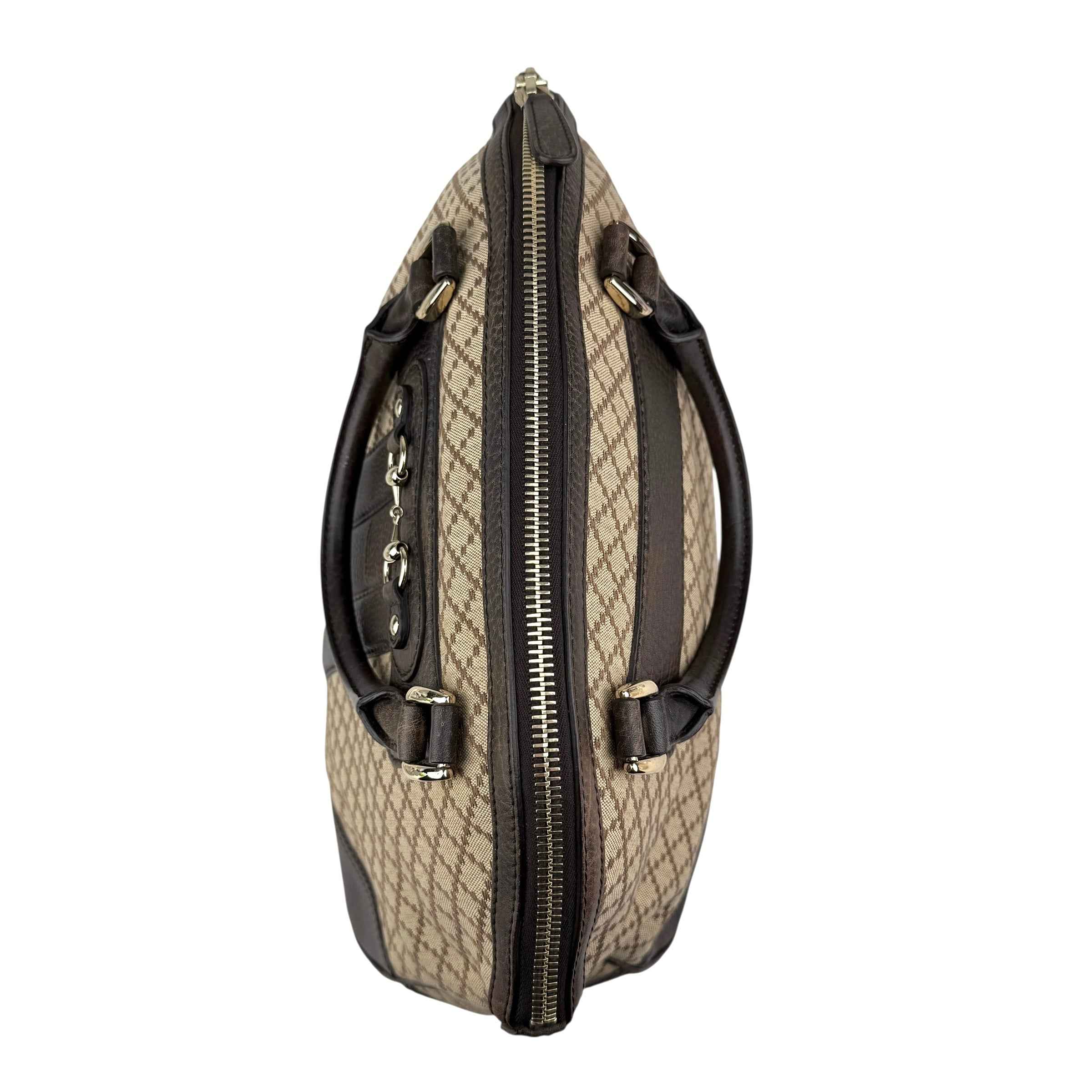 Gucci Beige/Brown Diamante Canvas And Leather Large Horsebit Catherine Satchel