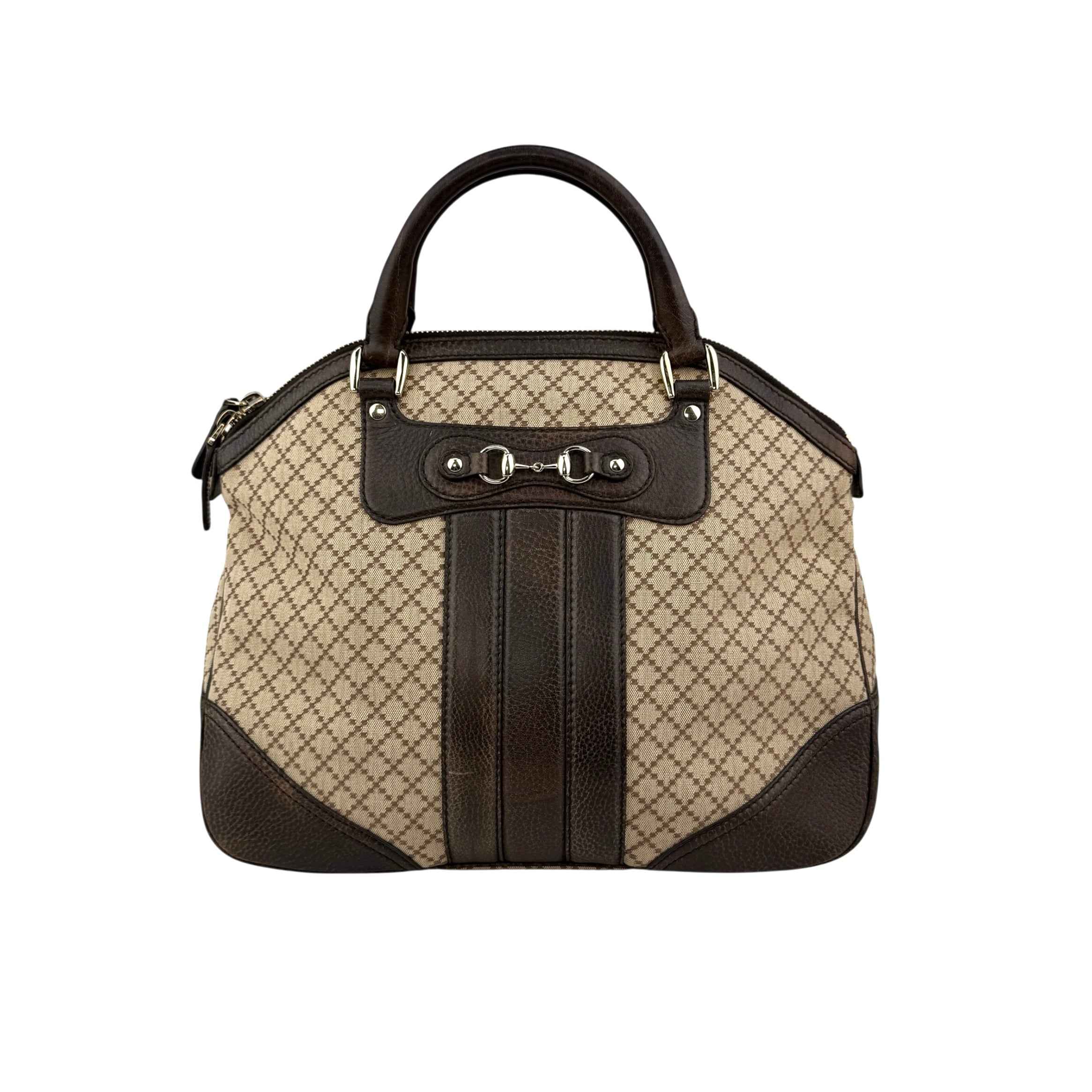 Gucci Beige/Brown Diamante Canvas And Leather Large Horsebit Catherine Satchel
