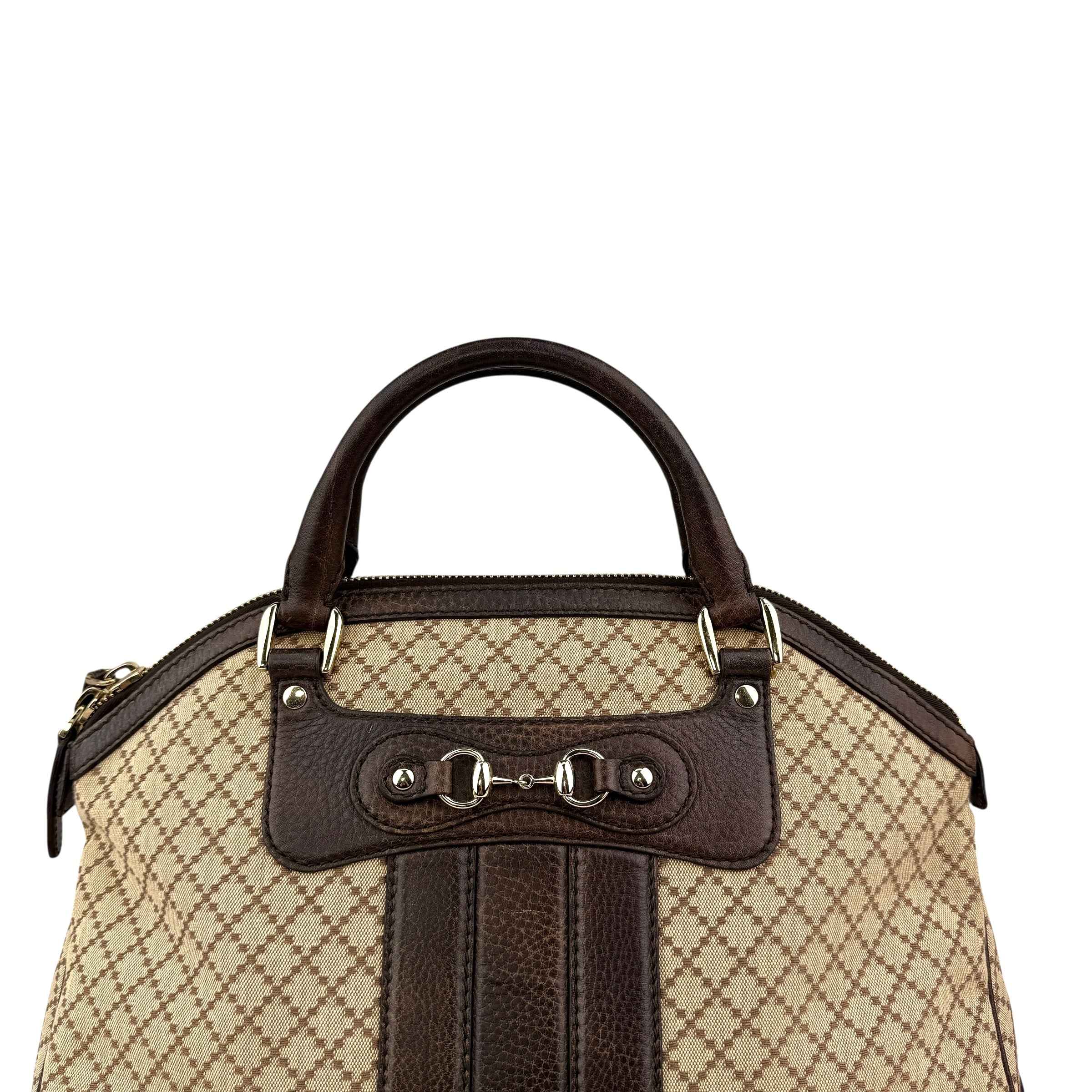 Gucci Beige/Brown Diamante Canvas And Leather Large Horsebit Catherine Satchel