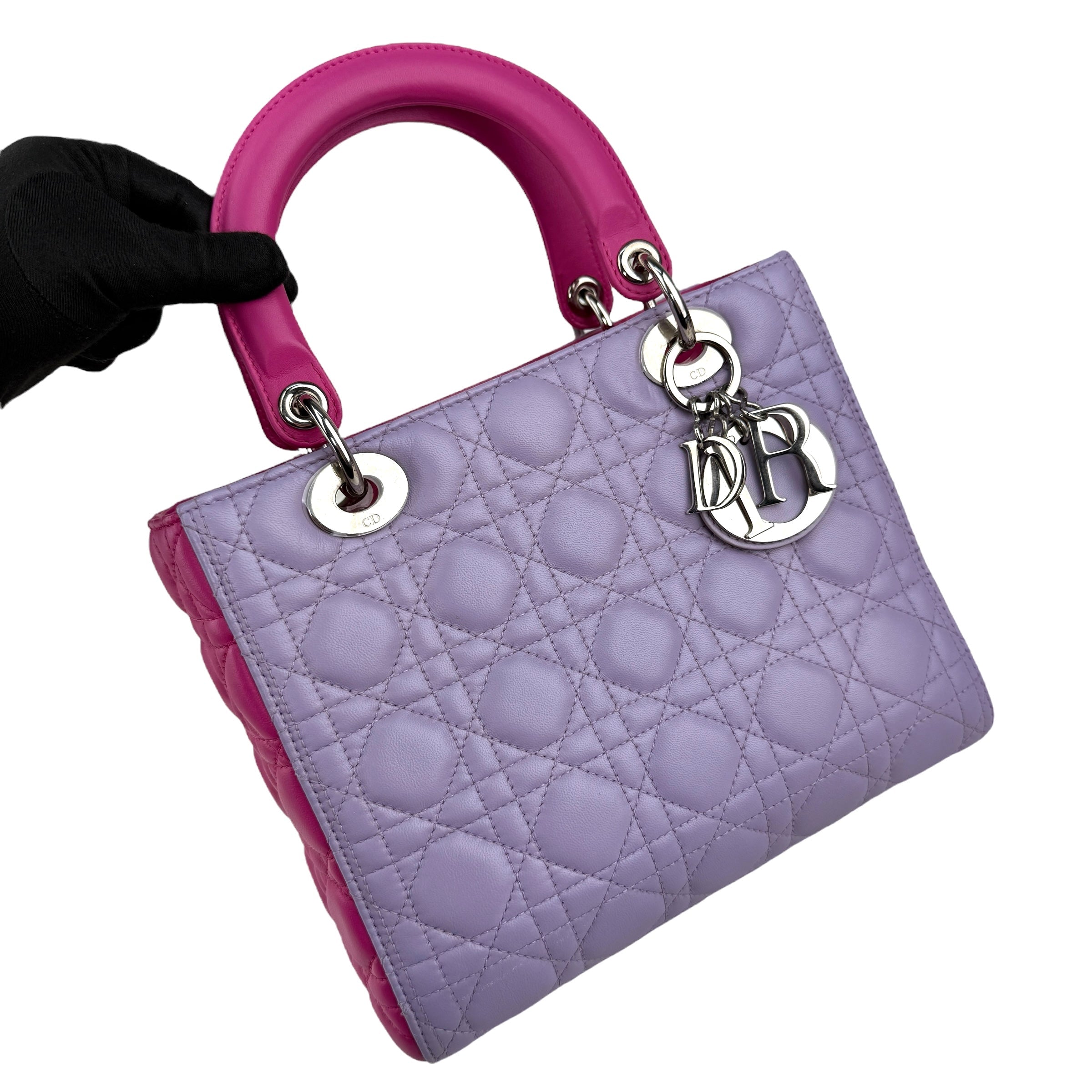 Pre-owned Dior Light Purple/Rose Sorbet Cannage Quilted Lambskin Leather Medium Lady bag
