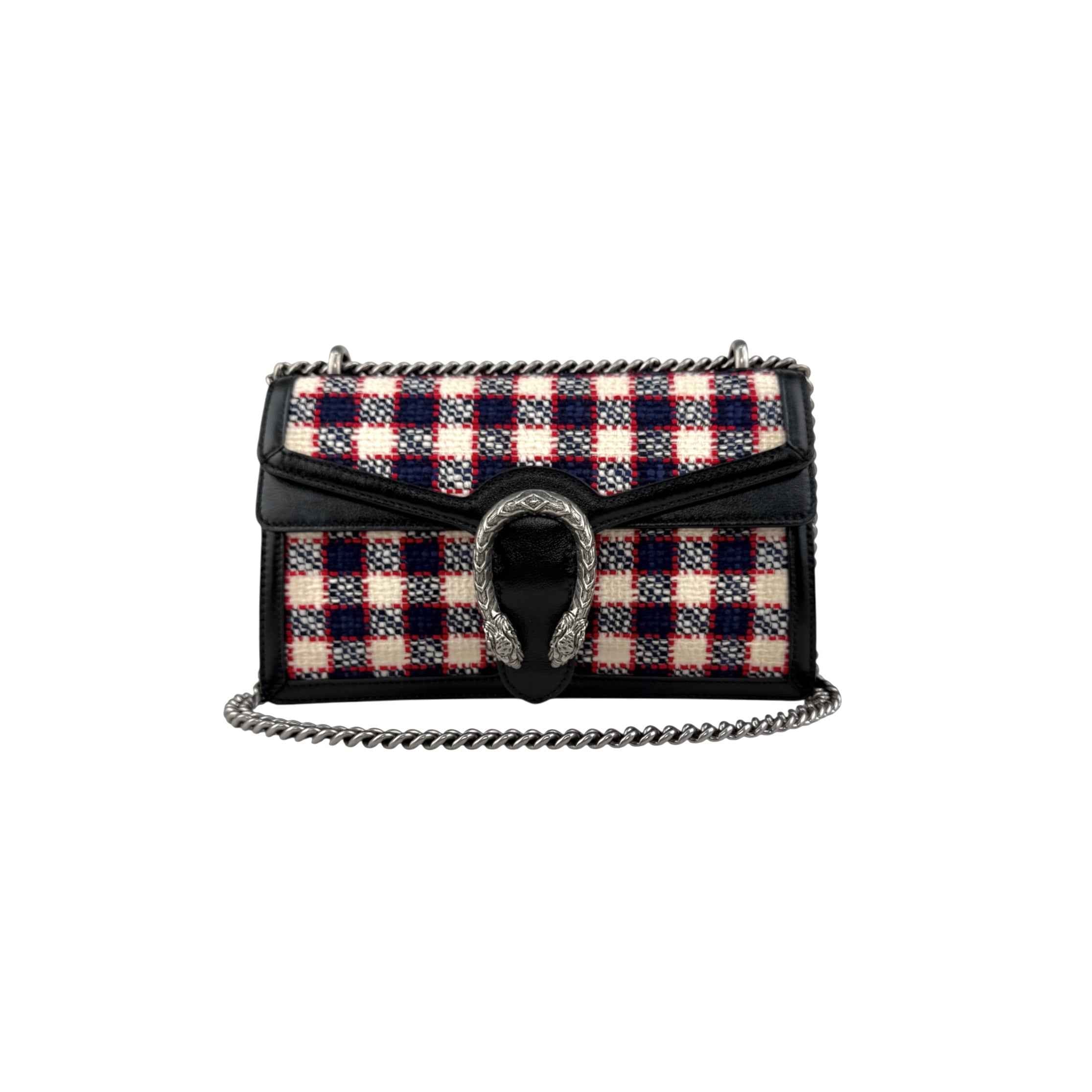 Gucci Tweed Check Dionysus Shoulder Bag White Hibiscus Red Marine