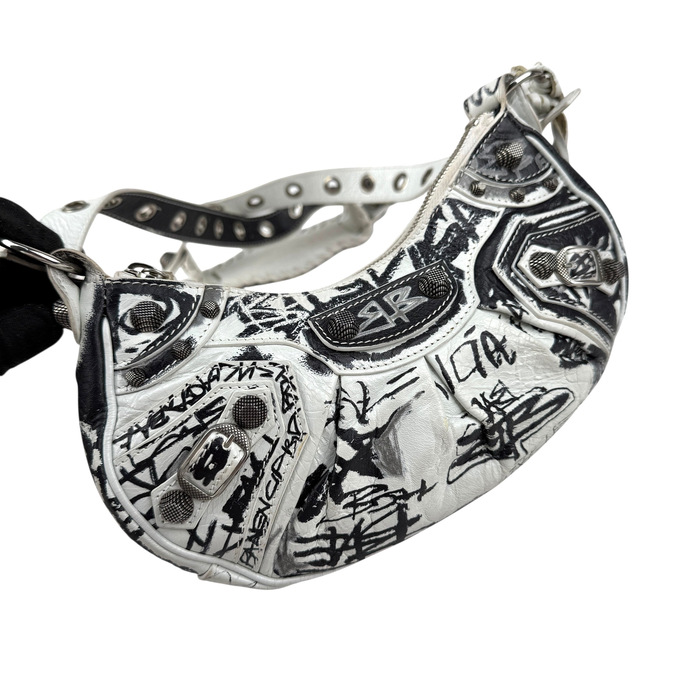 Pre-owned Balenciaga Graffiti Le Cagole XS White Leather Shoulder Bag shoulder bag