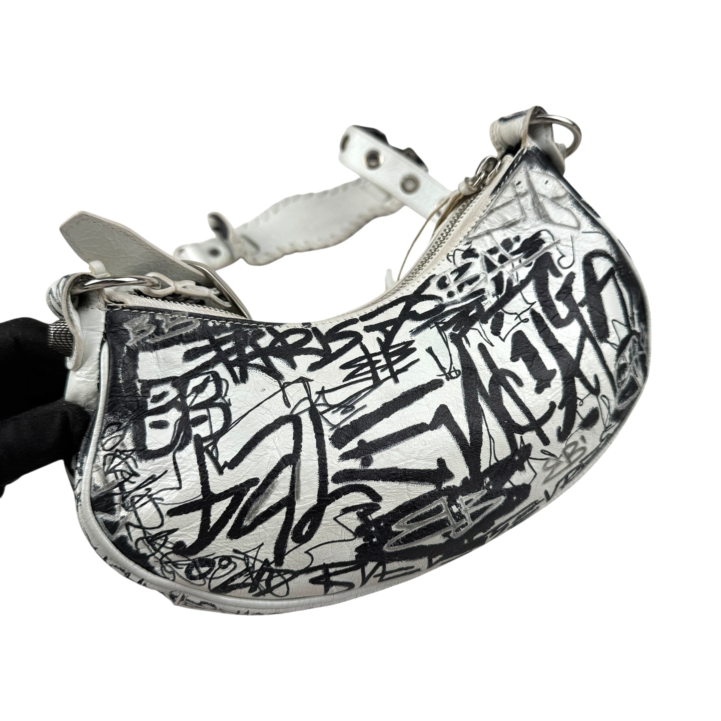 Pre-owned Balenciaga Graffiti Le Cagole XS White Leather Shoulder Bag shoulder bag