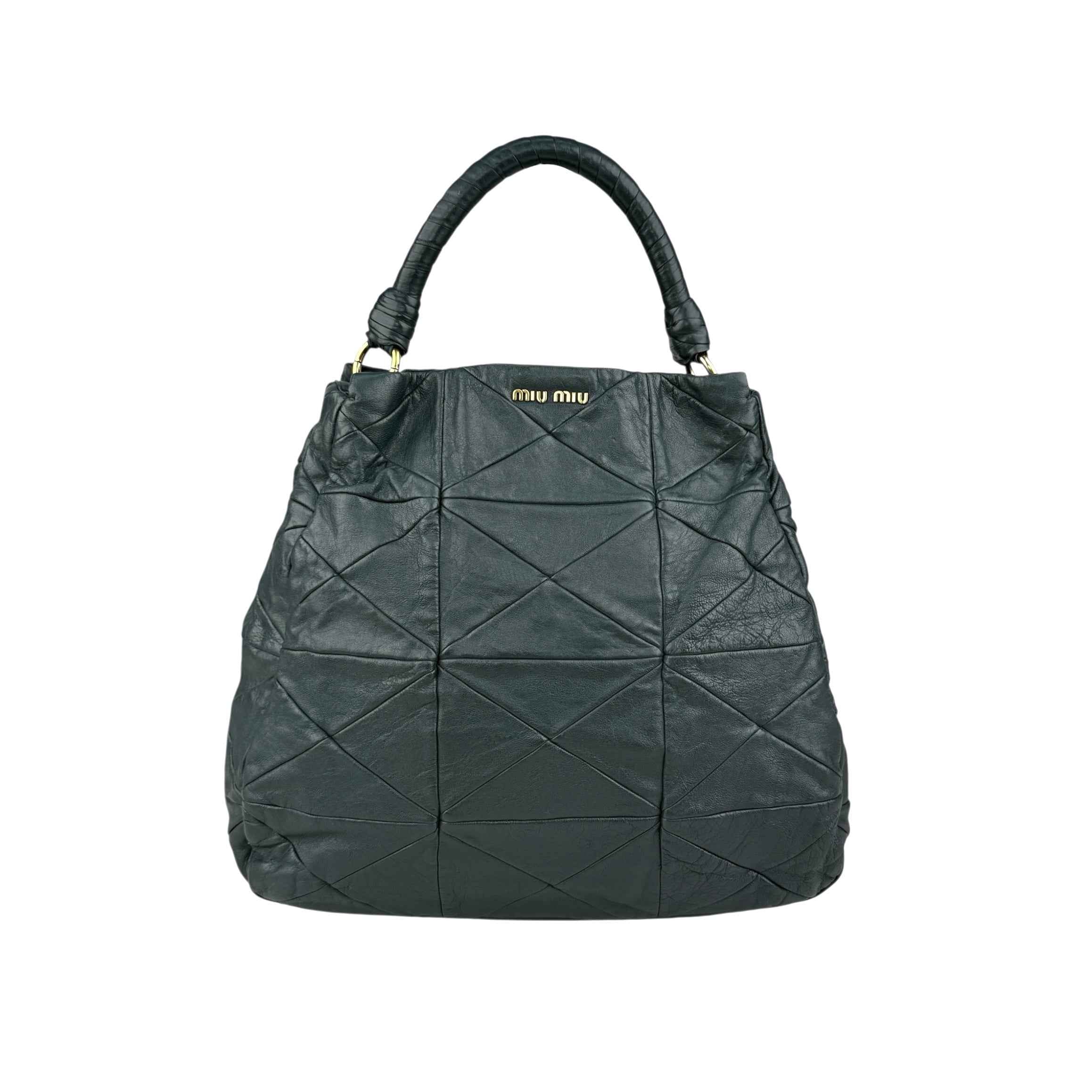 Miu Miu Dark Green Leather Quilted Top Handle Bag