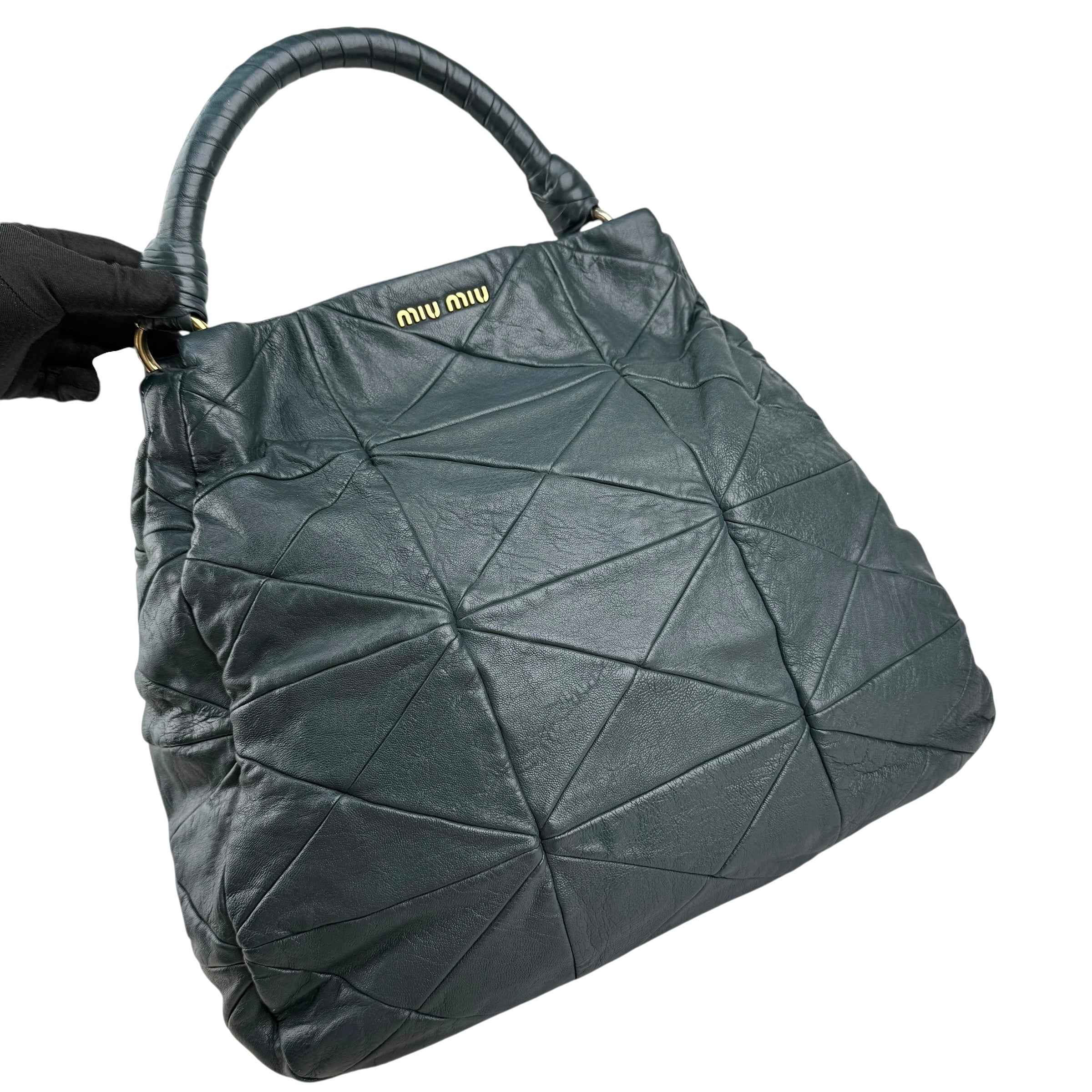 Miu Miu Dark Green Leather Quilted Top Handle Bag