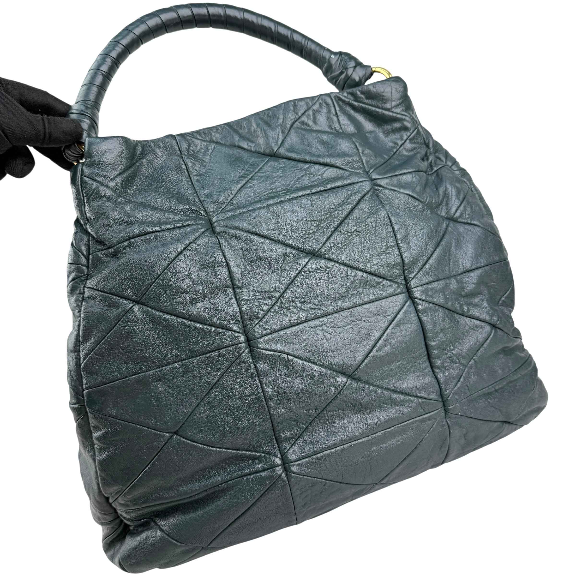 Miu Miu Dark Green Leather Quilted Top Handle Bag