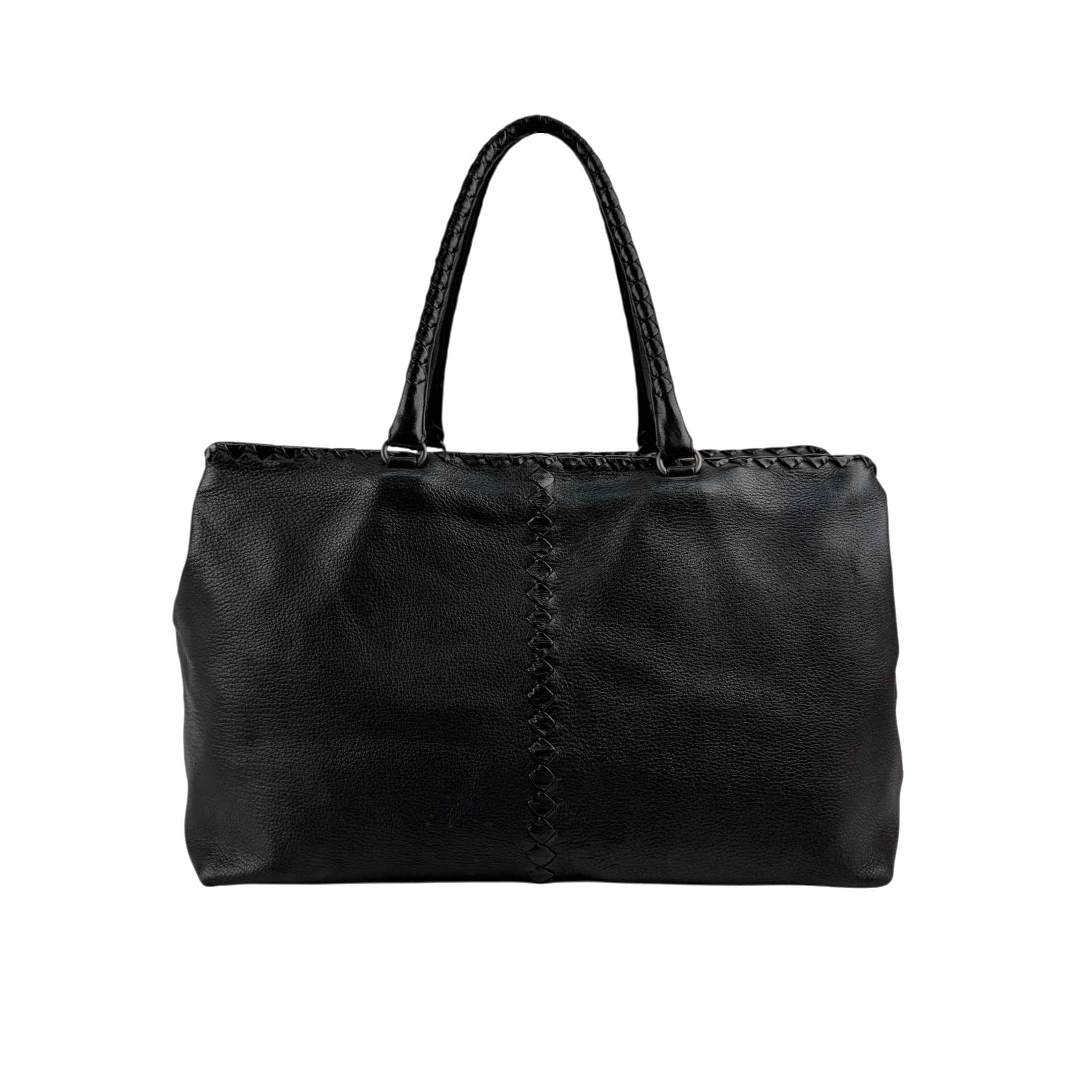 Bottega Veneta Black Intrecciato Trim Leather Tote