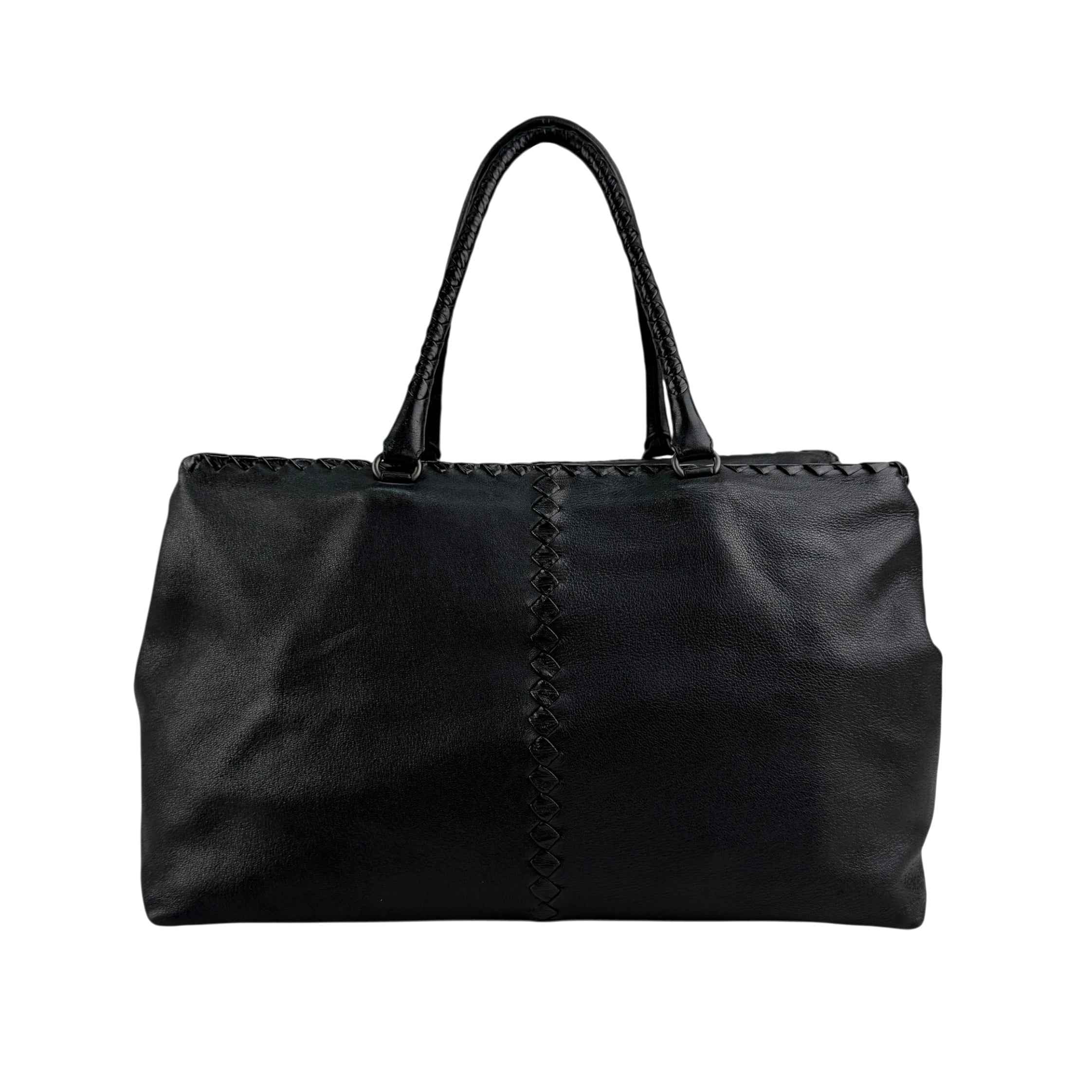 Bottega Veneta Black Intrecciato Trim Leather Tote