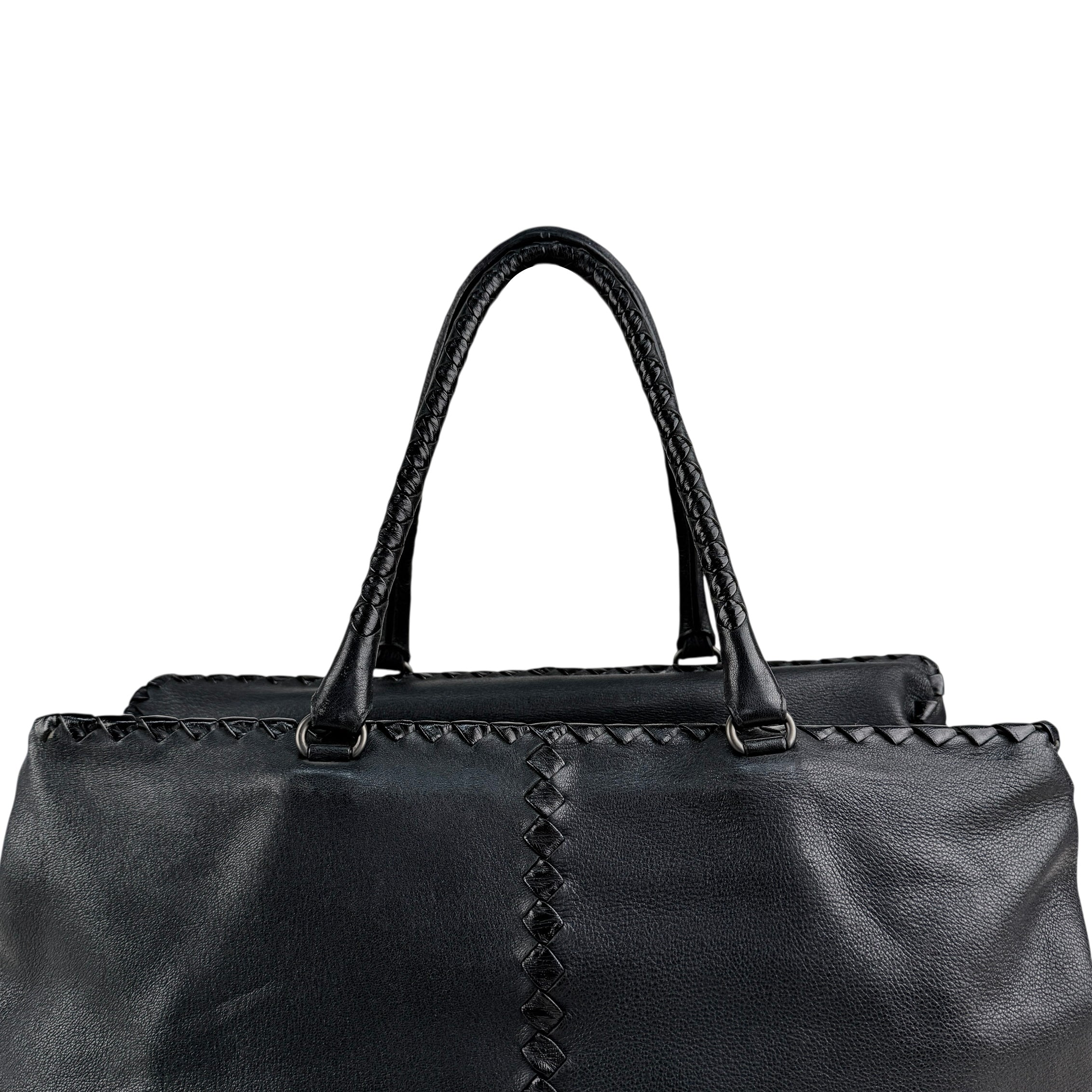 Pre-owned Bottega Veneta Black Intrecciato Trim Leather Tote