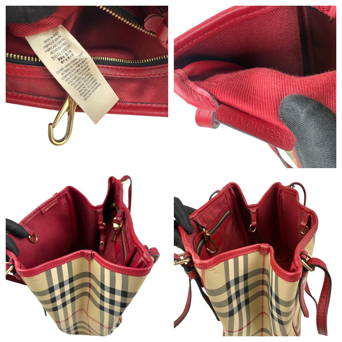 Pre-owned burberry red leather horseferry check canvas canterbury tote bag front