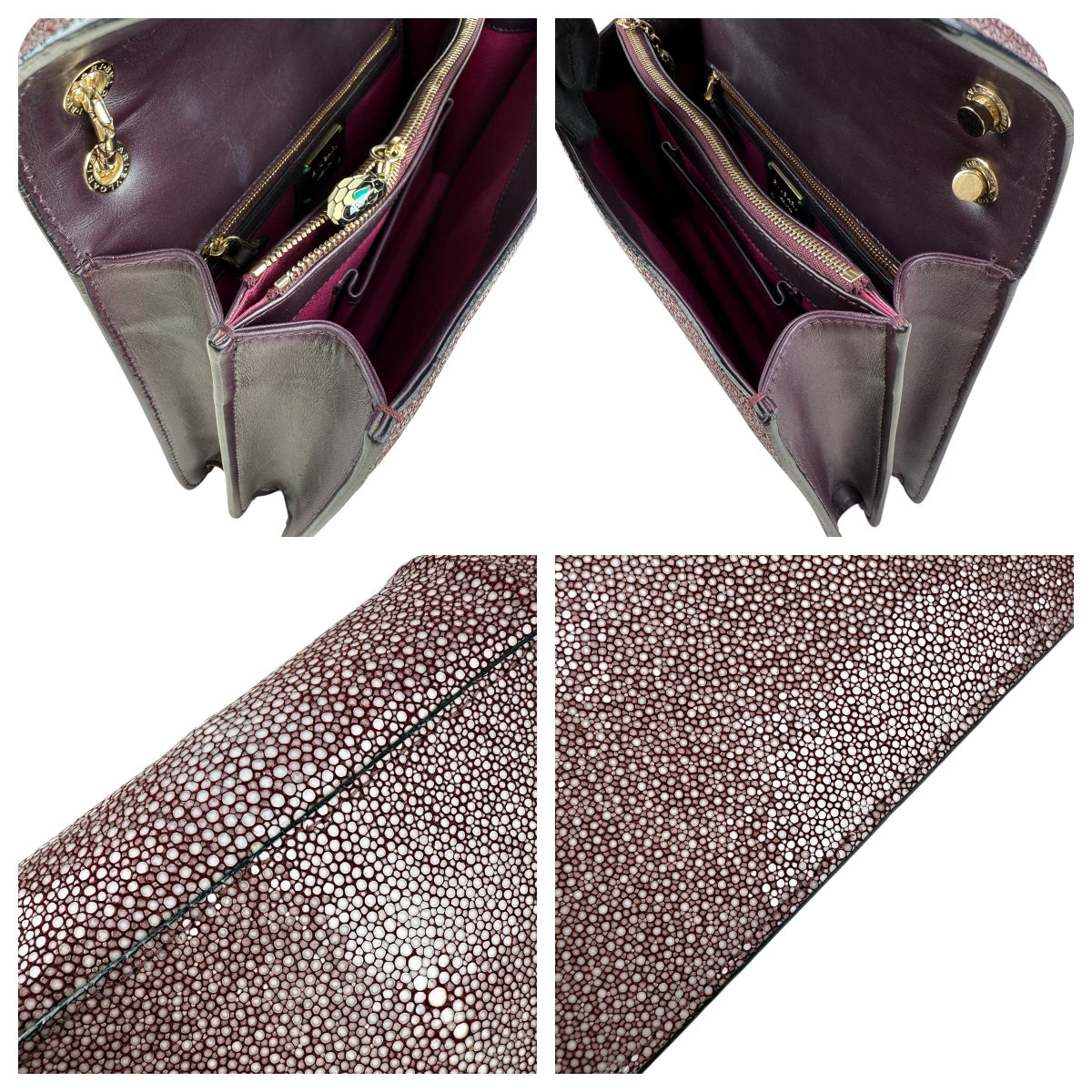 Pre-owned bvlgari-plum-stingray-leather-medium-serpenti-forever-shoulder-bag-front-view