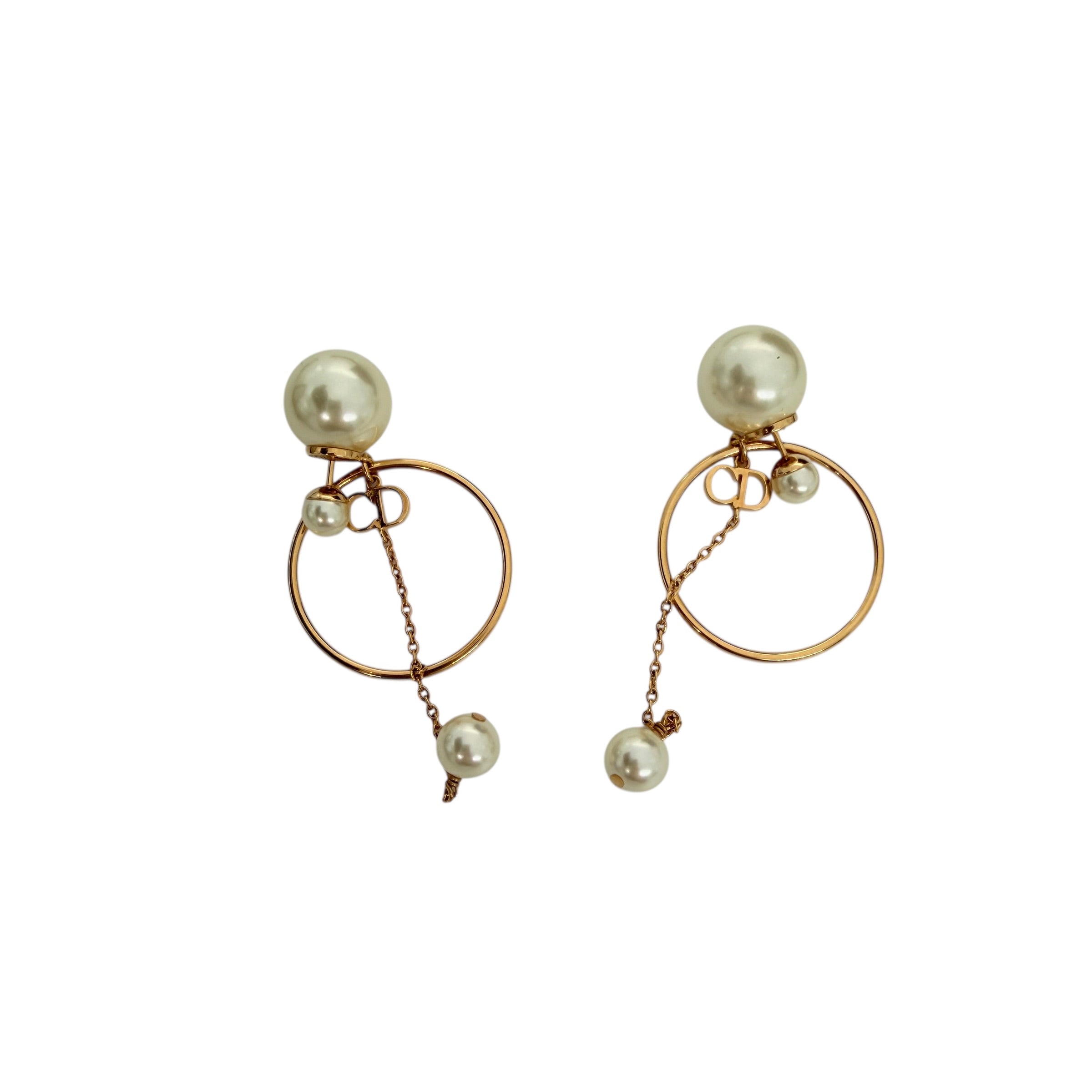 Pre-owned Dior CD logo pearl drop earrings gold tone back view